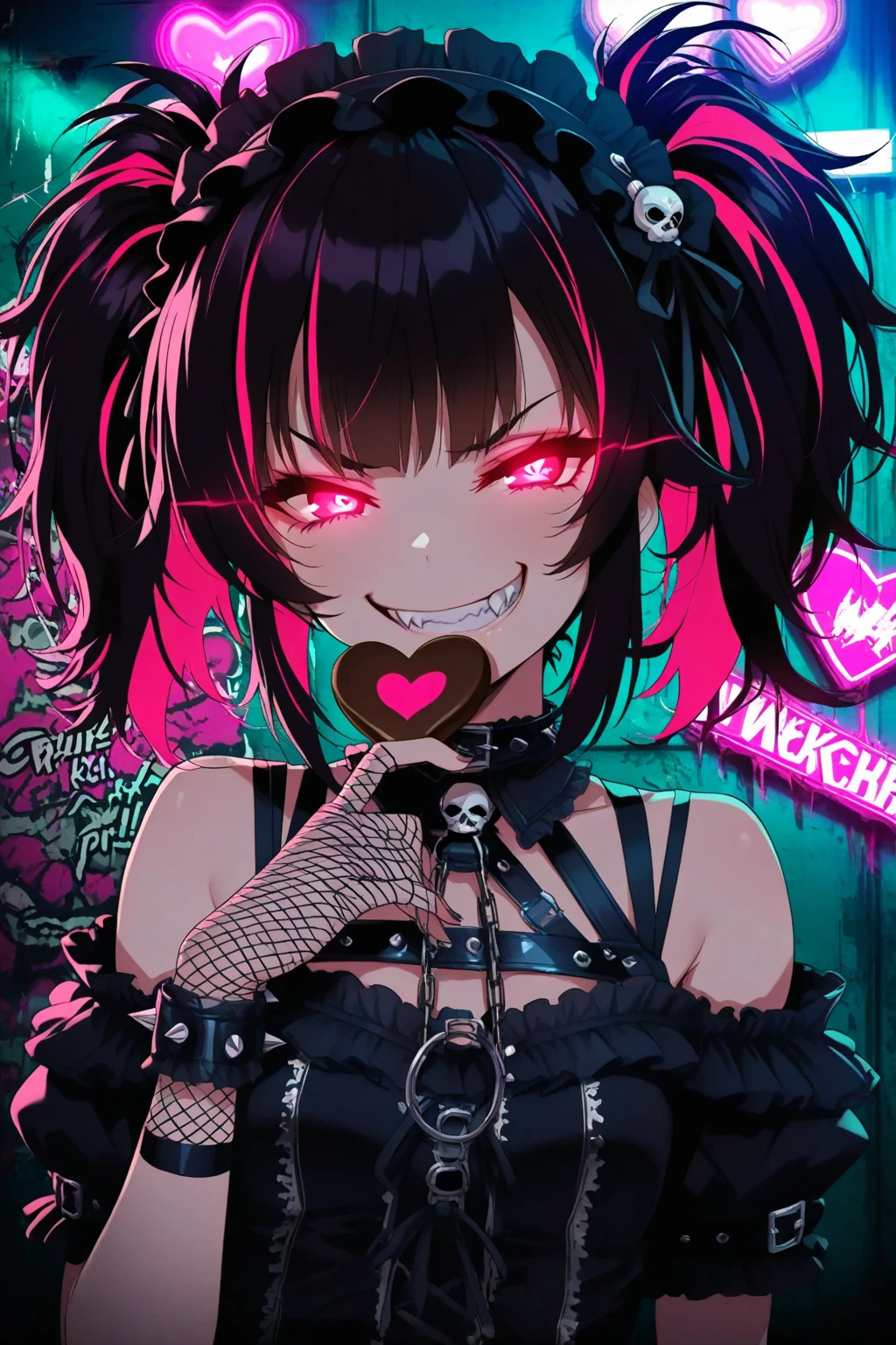 A teenager girl, (cyber style mask), killer, ((holding a bloodstained baseball bat)),evil smile, high detail, 4K, wallpaper, (((anime style)))