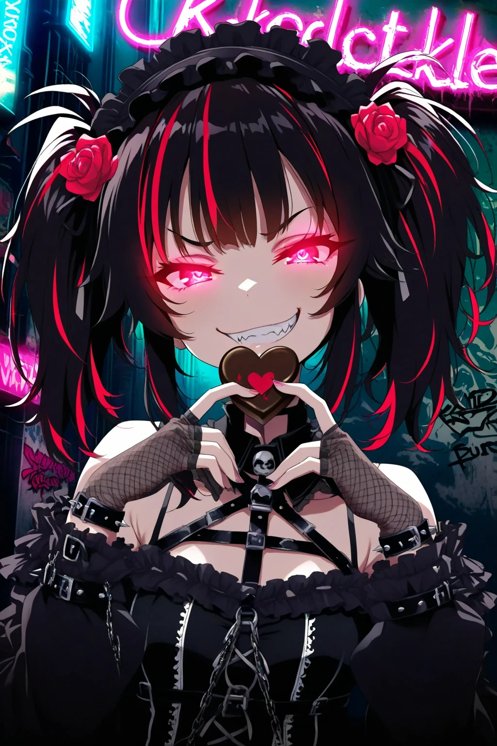 BLACKLIGHT, ((NSFW)), ((Small Boobs)), realistic art, extremely delicate and beautiful, ultra-detailed, (1girl), ((Black eyes)), floating, detailed light, illustration, dynamic angle, depth of field, ((((milf)))), girly, ((Black and White hair, multicoloured hair, Black highlights hair, (Ponytail), hair ornament, hair flower, flower, makeup, braid, smile)), demon eyes, fangs, pale white skin, (((best quality, 1girl, (skindentation), (blur background:0.6), (casual yet stylish, ((Demon Horns)), ), gorgeous, (short hair:1.5), soft lighting, wind, (front light:1.5), surprised, choker, smile, jewelry, earrings))), (ultra high res, best quality,), (8k, raw photo, best quality, masterpiece), technological sense, best quality, masterpiece, illustration,CG ,unity ,wallpaper, official art, Amazing, finely detail, an extremely delicate and beautiful,extremely detailed, highly detailed, sharp focus,rich background, (real person,photograph), ((high detailed skin)), ((( , (crazy eyes:1.3), (wide-eyed:1.2), (glowing eyes), (Demon) ))), (((a close up of a person with a weird face and nails, gothic maiden anime girl, gothic - cyberpunk, cyberpunk horror style, gothic art style, detailed digital anime art, gothic art, demon anime girl, gothic girl face, anime style 4 k, dark art style, anime cyberpunk art, gothic aesthetic, 1 7 - year - old anime goth girl, gothic horror vibes)))