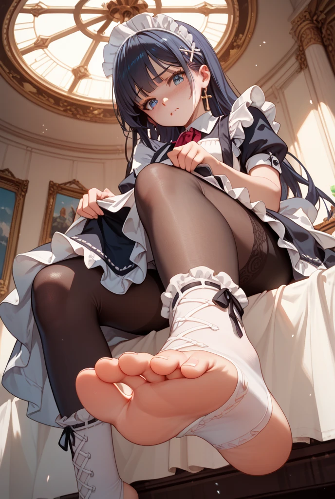 (score_9,score_8_up,score_7_up,),1girl, suzune horikita /(classroomoftheelite)/, red eyes, black hair, open long hair, bangs, braid
 skinny body,solo,maid,maid headdress,looking at viewer,apron,brown hair,indoors,black hair,bare foot,feet focus,two feet,