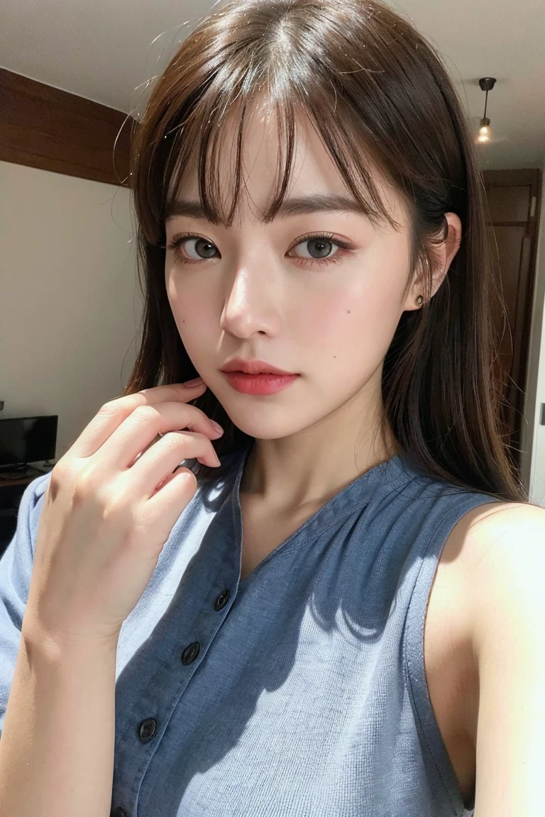 A close up of a woman with long hair wearing a blue top - SeaArt AI