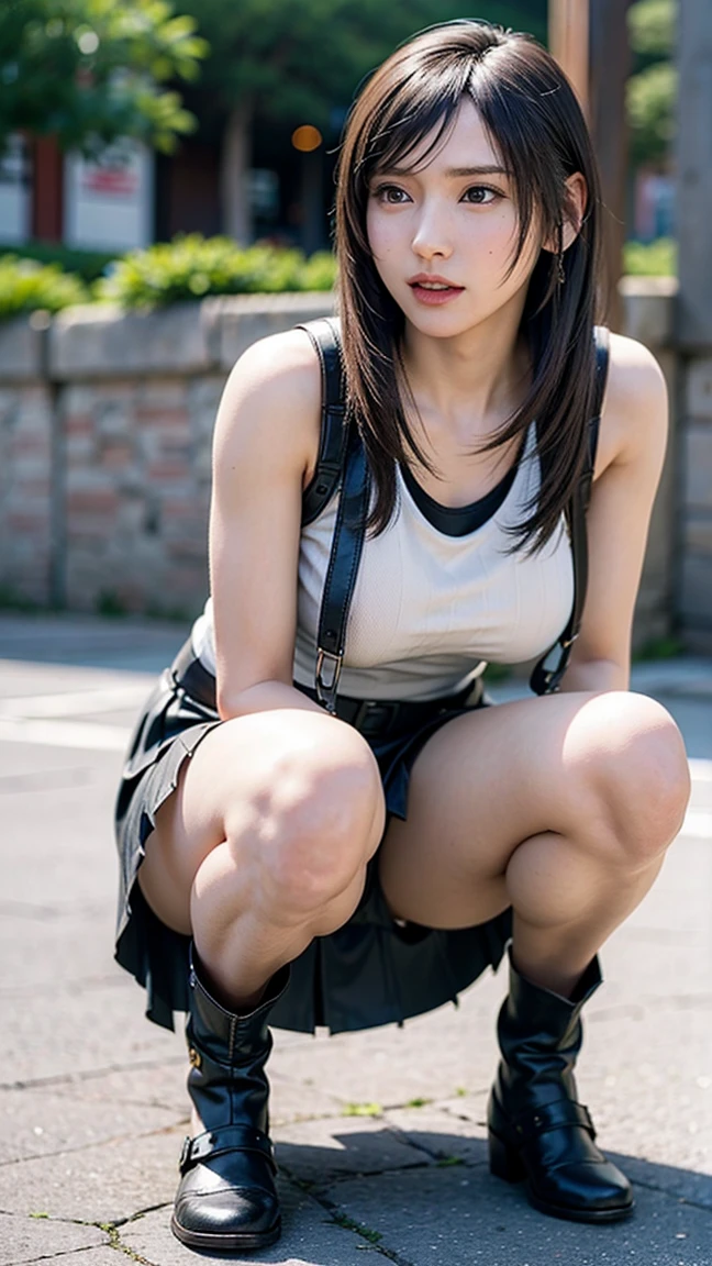Street Fighter's Chun Li, very beautiful girl, small man's waist, long leg proportions, longeyelashes, determined, white high boots, best light and shadow, upside view, Capcom style, Ultra HD, 8K, real skin, all over the body, Chun Li's signature action, black stockings, big watery eyes, high nose bridge, small mouth, big breasts, wide crotch, Chun Li's classic clothing, mature, 30 years old, full body, barefoot, focused feet, Close-up of footsteps, leg lift, foot