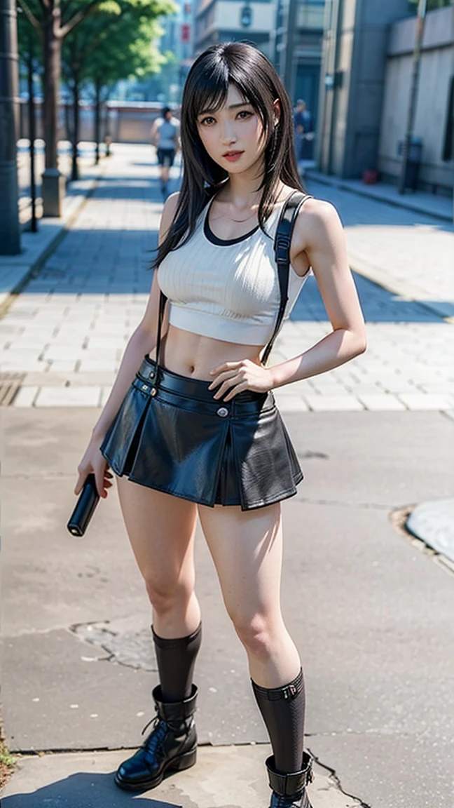 ((masterpiece)), (NSFW), (UHD), (detailed skin, detailed hair, detailed eyes, detailed finger, detailed fabric), ((final fantasy 7), (Tifa Lockhart)), 1girl, beautiful young girl, (big eyes, red eyes), (black hair, very long hair), ((sideboobs, natural big breasts:1.2)), hourglass body shape, slim, (happy smile), realistic, parted lips, ((Leather) (mini skirt)), (White crop top, sleeveless, Black belt, black braces with buckles, suspenders), earrings, jewelry, bangs, full body view, camera focus on character, (leaning forward), red hand gear, outdoor,