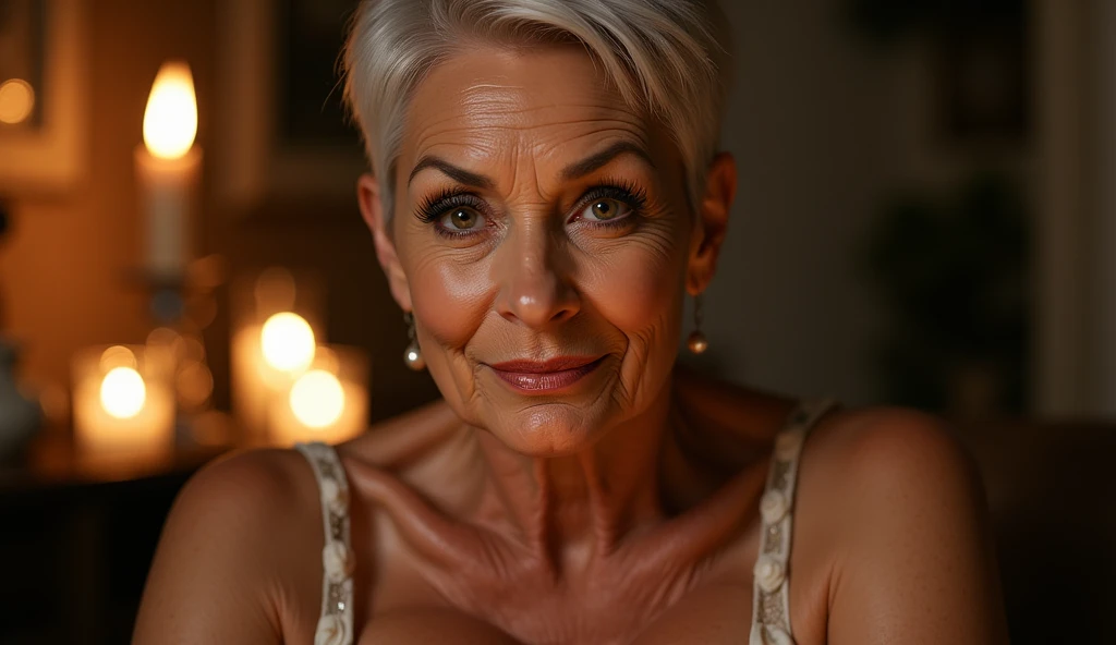 (((realistic,masterpiece))),(65 years old:1.4),silver hair,(there are many wrinkles on her face:1.3),old woman,((knit)),smile,erotic lingerie