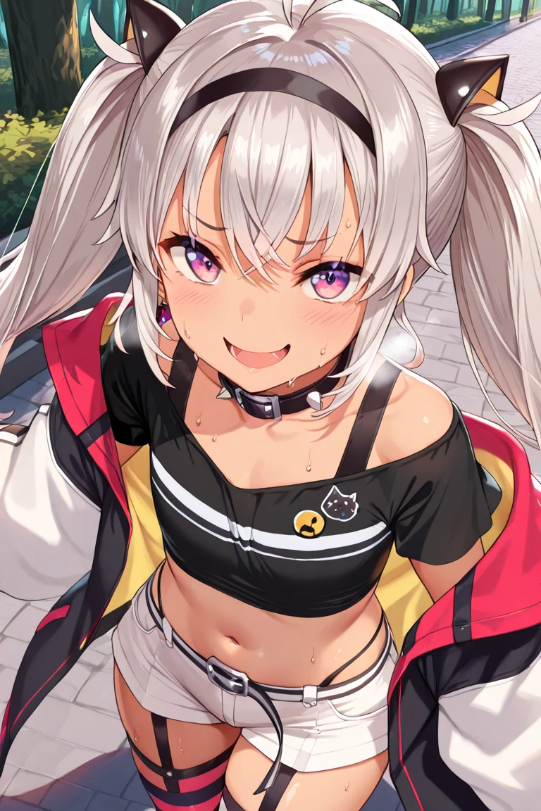 score_9, score_8_up, score_7_up, source_anime, solo, 1girl, nikkejackal, smile, closed mouth, looking at viewer, leaning forward, ahoge, twintails, hairclip, one eye closed, white jacket, open jacket, sports bra, pink shorts, single thighhigh, pink thighhighs, collar, cleavage <lora:nikke_jackal_ponyXL:1>