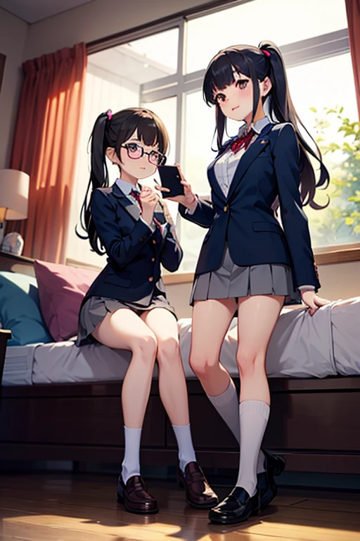 Highest quality, masterpiece, High resolution, alone, {full moon_Fleet Collection:1.15}, Long Hair, Brown Hair, Glasses, brown_eye, red-framed_Glasses, semi-rimless_Glasses, Crescent Moon, black_Seraphim, blush, Under Rim_Glasses, One girl, Closed_eye, Open_mouth, School_uniform, (indoor, office, living room), , blackスカート, ^_^, eggplant, smile