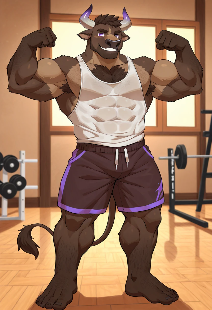 Anubian jackal, anubis, good looking, male, anthro, ultradetailed, muscular, solo, bareness, rippling muscles, muscles, gym background, tail, smiling, big pecs, looking at viewer, thong, bara, rear view,