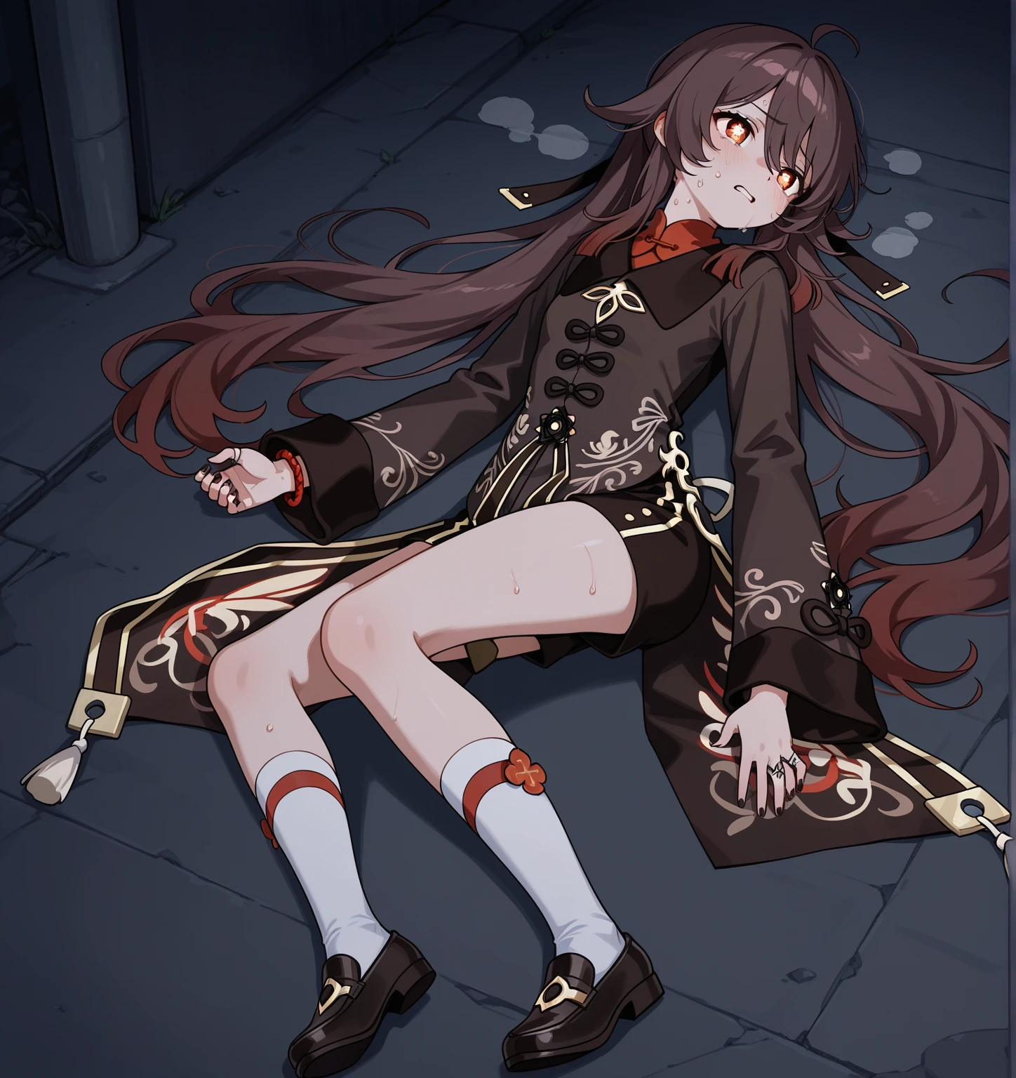 Masterpiece, best quality, (very detailed CG unified 8k wallpaper) (best quality), (best illustration), (best shade) 1girl, anime woman, sitting on a chain with her legs crossed, the anime woman is crouching, shackled in the void, in a prison cell, seductive anime girl, chainsaw man, makima, brown clothes, restrained, long light red/pale auburn hair, kept in a loose braid with bangs reaching just past her eyebrows and two longer side bangs that frame her face. Her eyes are yellow with multiple red rings within them