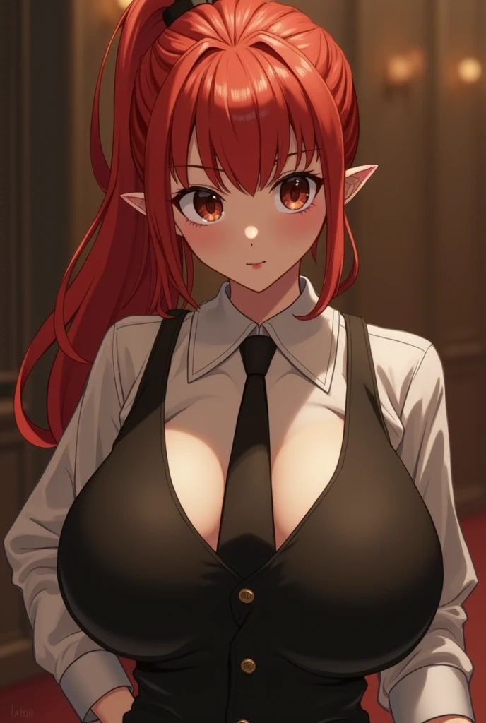 1girl, pointy ears, horns, solo, red hair, long hair, red eyes, bare shoulders, looking at viewer, huge breasts, gloves, elbow gloves, ahoge, hairband, black gloves, underboob, upper body, demon girl, hair intakes, very long hair, frills, slit pupils, parted lips,(shiny skin),(mature female:1.2),hindenburg \(azur lane\),