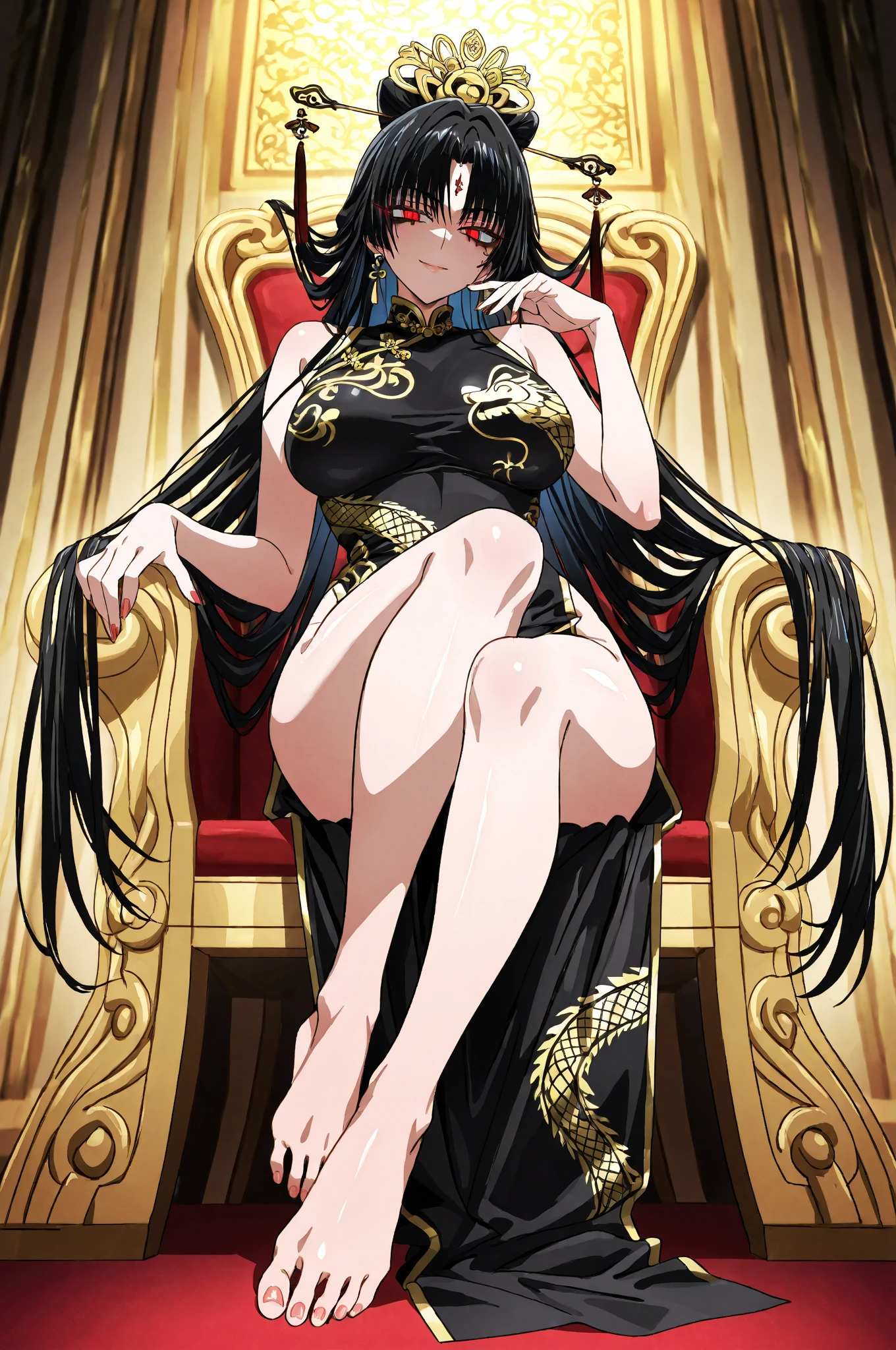 (((best quality))), ((ultra-detailed)), ((an extremely delicate and beautiful)), ((16k)), realistic, hd, cgi, gleaming hair, gleaming skin, gleaming dress, Character focus, solo, sitting down pose on a high throne, strong light coming in, sharp focus, illustration, game cg, anime, solo, curvy, (big breasts:1.3), forehead, ( white gold lining Chinese Lace Up Cheongsam Open Chest Bodycon Dress High Slit Qipao mini), faste collarbone, (belly:0.9), looking at the viewer, ocean, flower hair ornament, accessories, backlighting, shiny skin, shiny body, chibi, gloves, necklace, jewellery, black-brown hair, bead necklace, red faded into black colored hair, brown eyes, long hair, black bunny ears, red ombre hair, red-black hair, more yellow hair streaks, smaller dress, mommy goddess, thighs, looking down at the viewer, bare feet directed at the viewer, goddess, female dominance, high pony tail