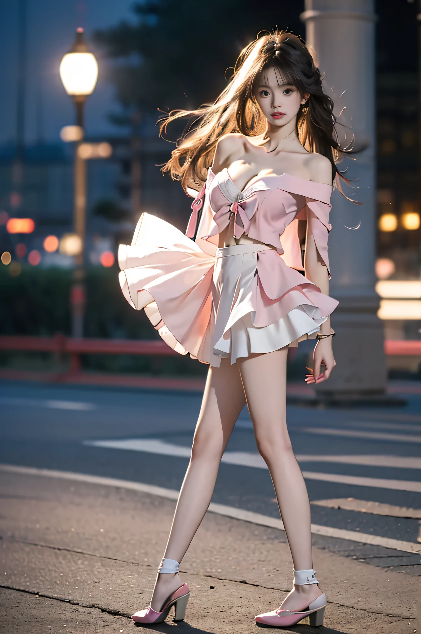 1girl
pink shirt
yinziping
white skirt ,,((full body, from below)), (masterpiece, best quality, ultra-detailed, 8k), realistic, a beautiful sexy long-legged model ((Random scene)), ((Random posture)), (I-type Valley), (Full breasts, visible cleavage, very short skirt hem, exposed shoulders), (Tyndall Effect), (At night,:1.3 moonlight:1.3), seductive pose, perfect and symmetrical leg anatomy, soft natural lighting, (wind blowing gently:1.1), (ambient lighting:1.2), bokeh, cinematic shot, dynamic angle, professional photography, shallow depth of field, sharp focus, vibrant colors, (slightly tanned skin:1.1), (natural makeup:1.1), (delicate features:1.1)