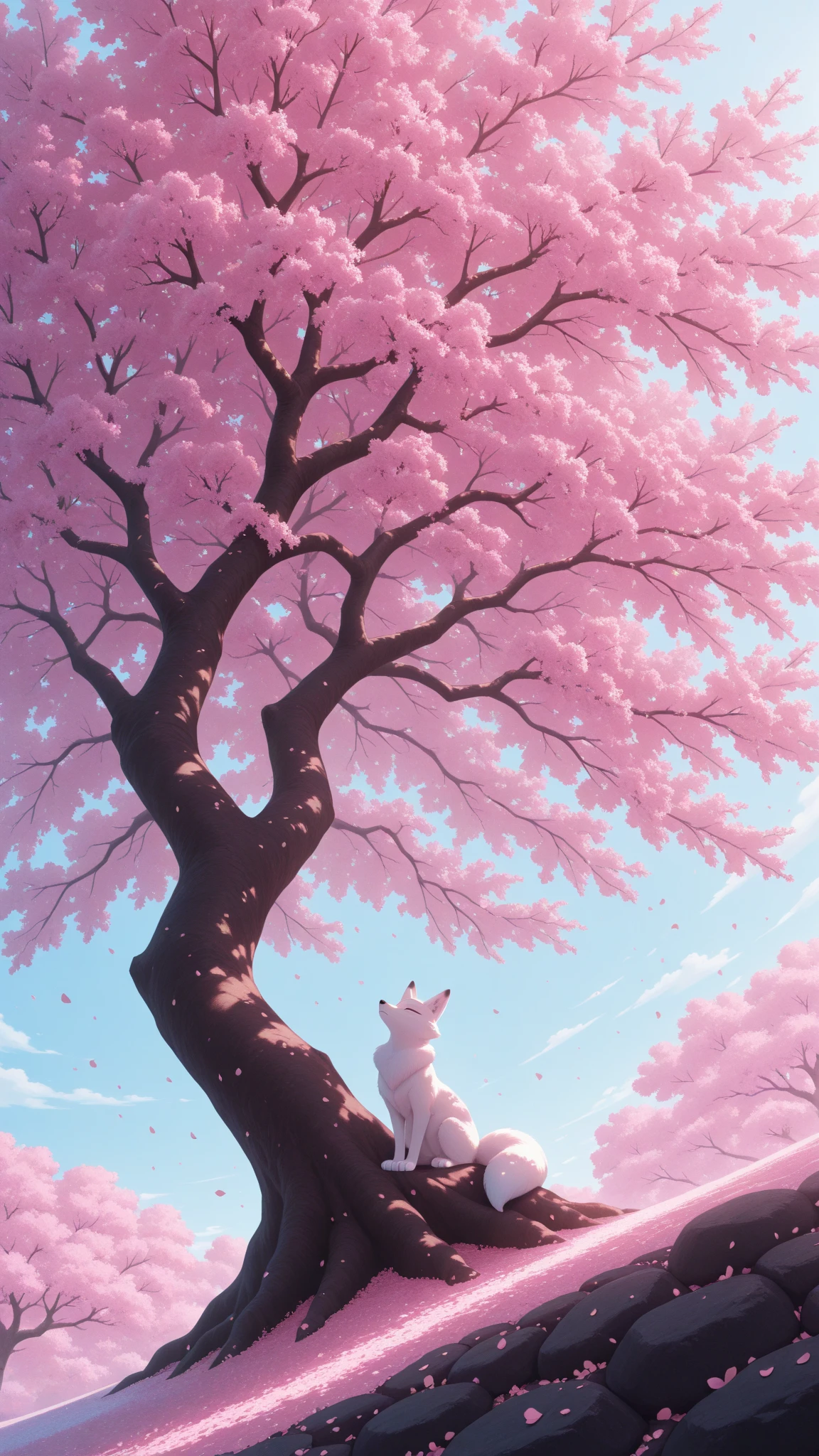 background,Cherry blossom,anime style, a white fox resting in the shade of a massive blooming cherry tree that grows out of a cliffside boulder, petals collecting around its paws, the fox's fur swaying softly in the wind, ethereal and serene mood