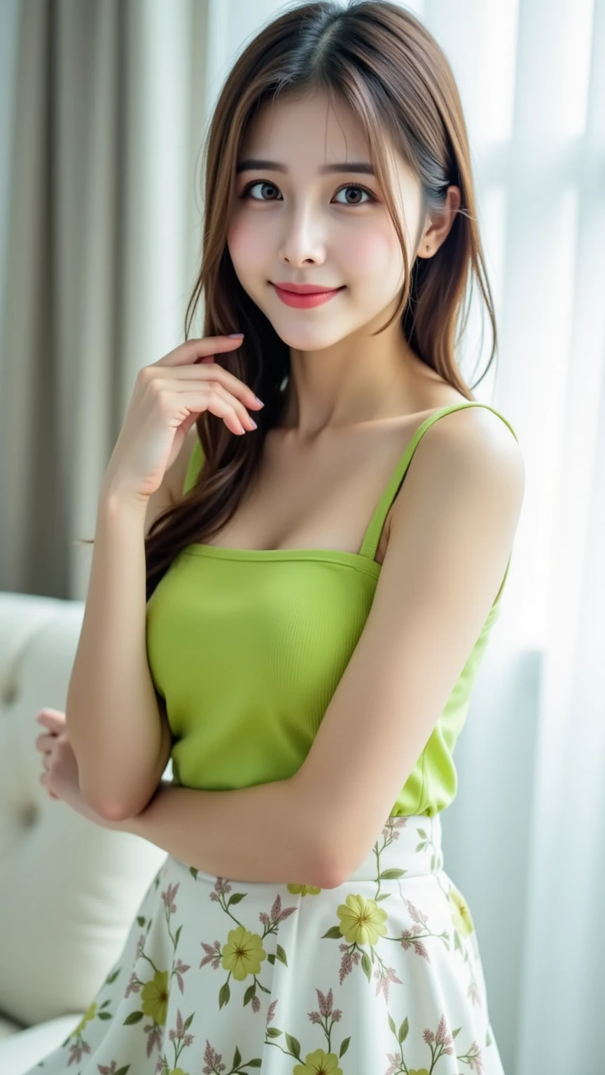 2009, a close up of a woman sitting on a couch near a window, wearing tight pastel color T-shirt mini sundress, cute young woman,Medium breasts, ideal body, lovely woman, 19-year-old girl, good young girl, gorgeous inocent model, 2 4 year old female model, lovely delicate inocent face, gorgeous lady