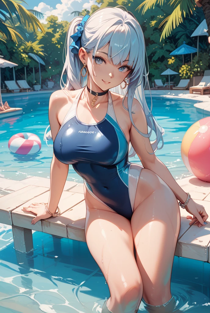 pieces fly、masterpiece、highest quality、Super detailed、High resolution、High resolution、8K portrait、Unity 8k壁紙のHigh resolutionCG、unity 8k wallpaper、cute type little:1.5、upon:1.5、Highly detailed CG unity 8k wallpaper、realistic、real person、cute type little、 portrait photography、shiny skin、High resolution、(18-year-old:1.3)、(1 girl)、beautiful clear eyes、very detailed explanation、delicate face、nice lips、slender body、thin waist、thin legs、(school poolside:1.6)、1 girl, cute type, perfect face, seriously, (blush:1.5),(silver long hair:1.3),(big breasts:1.3), same,(navy blue school swimsuit:1.3), ((With nipples 1.3)), Detailed description vagina,show vagina,spread legs,spread ,(((Orgasm in the vagina:1.3)))