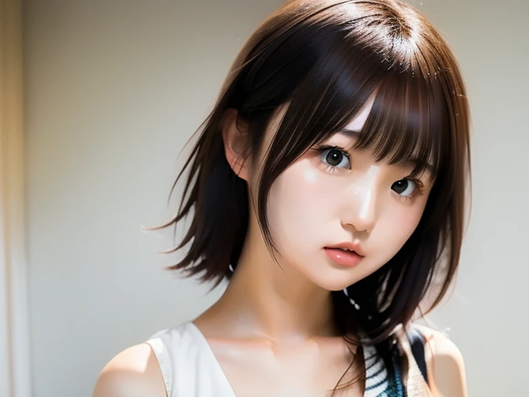 ((1girl in, 12 years old, Japan junior high school students, looking down to viewer)), Very cute face, Black hair, Medium bob hair, (Best Quality, masutepiece, Ultra High Resolution, (Photorealistic:1.4), Raw photo, 8K)