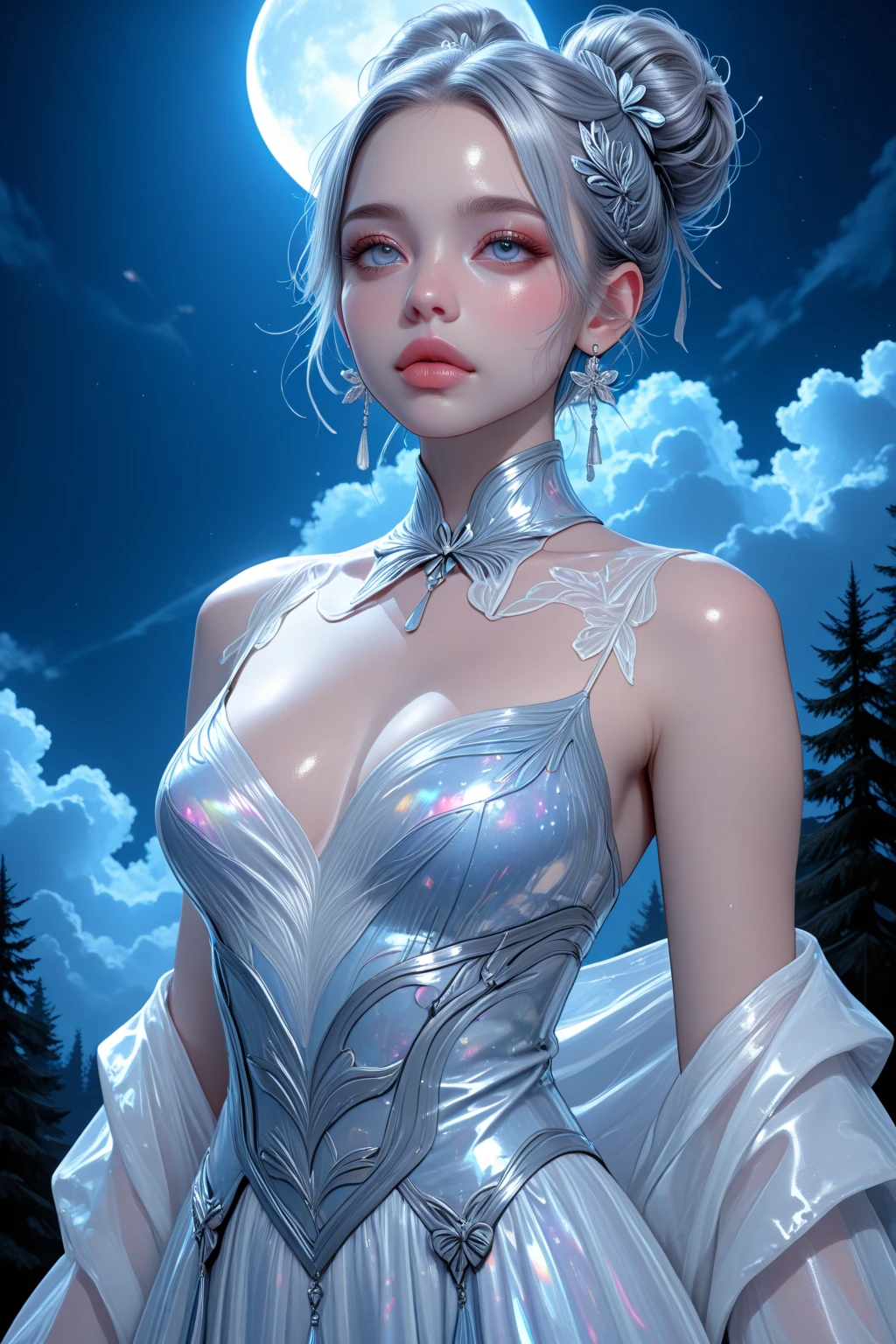 ((Upper Body)), Highest quality, masterpiece, Japanese women ((Shiny white hair)), ((Delicate pearly blue eyes)), Highly detailed goddess soul, Focus on the characters, alone, (Style Swirl Magic), alone, from the front, Front view, Looking at the audience, Detailed face, ((Glowing light magic circle theme)), Perched on a shelf, Tight neon body, Streaks of Light, Dark Abyss Wanderers Overview, ((A simple and shining neon dress)), Mysterious runes engraved on it, Outdoor dystopian background,