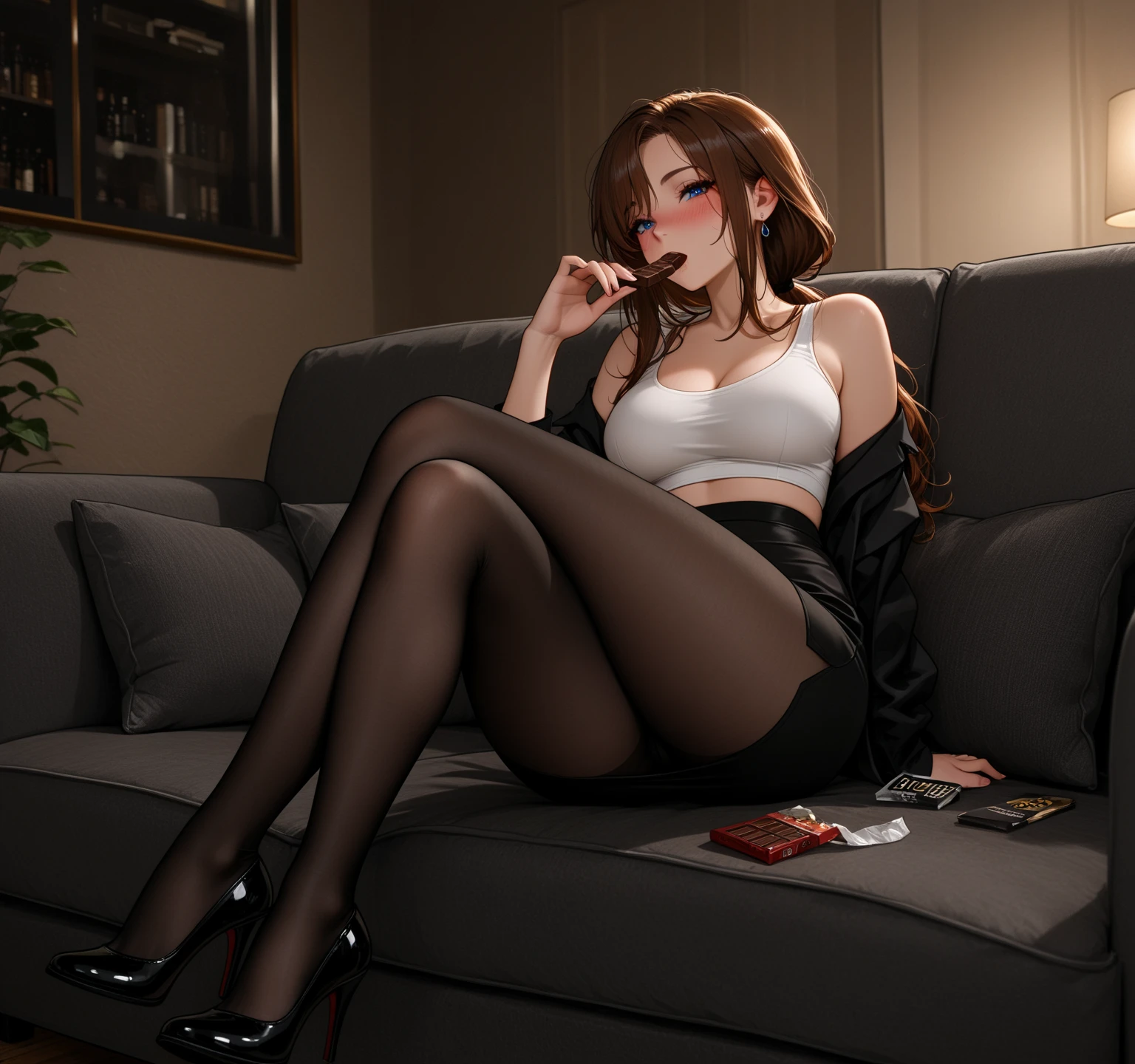 Hot girl in black pantyhouse and black sexy bra , red hair, cute, shy eyes, shy face, kawaiee, black high heels, legs up , look at camera , lying down on the bed, proneRosalina wearing a  brown 1D seamless pantyhose, (turquoise eyes:0.5), sitting in a train, leaning back, stylish hair, nude, legs spread, one leg up, one leg bend,  Presented in the style of a Hollywood blockbuster with intense HDR lighting and a 35mm lens, capturing cinematic authenticity 