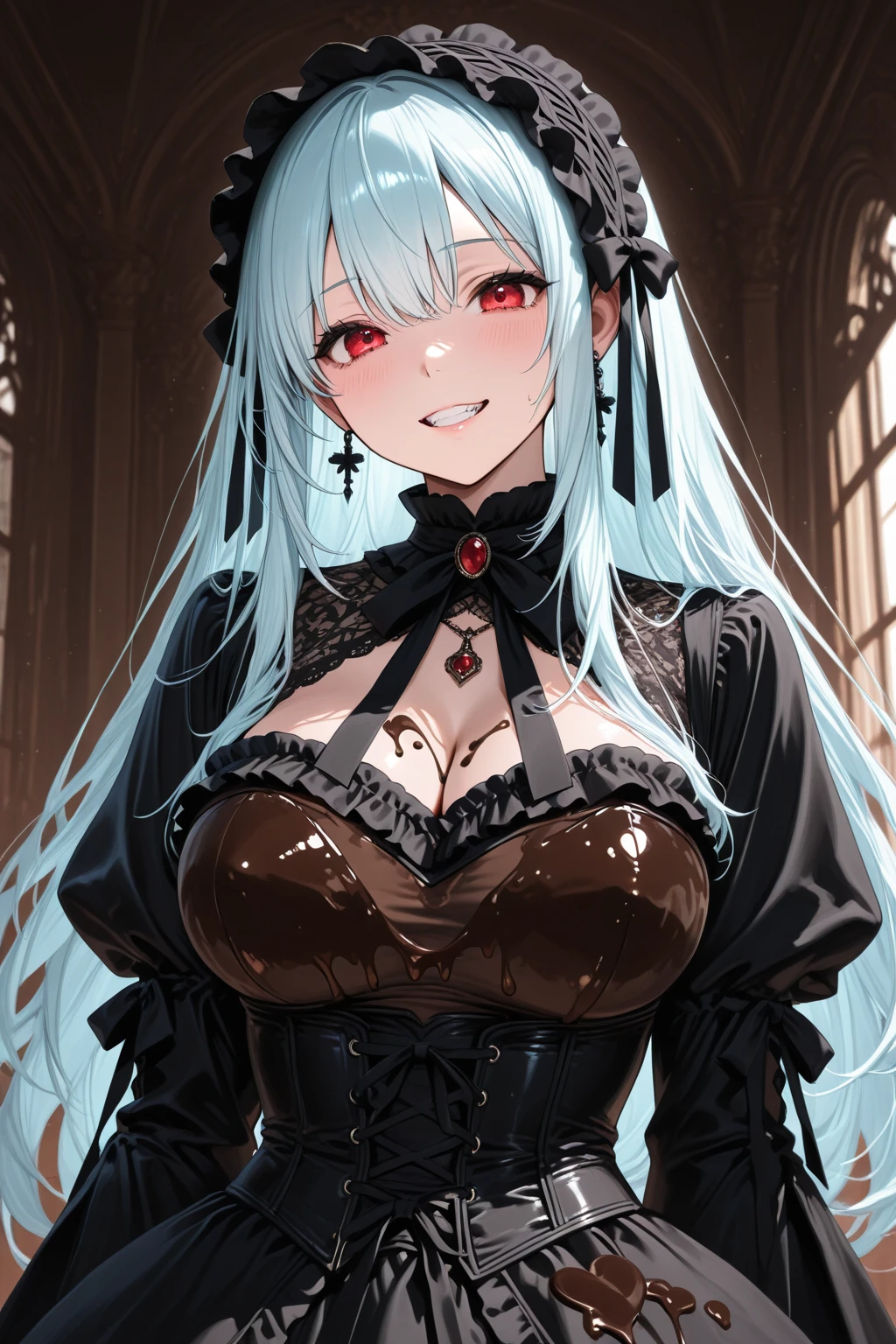 Envision a dimly lit laboratory where Leonardo AI is a Frankenstein-esque inventor, surrounded by ominous shadows that cast eerie, moving gear patterns on the walls, creating a malevolent presence from ordinary objects, hinting at a dark secret held within the mechanical heart of the AI. enormous tits