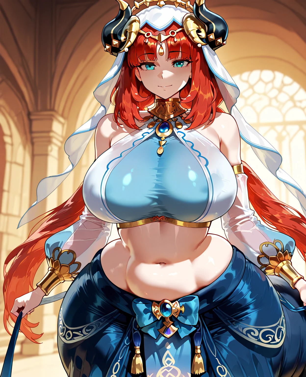 ((Highest quality)), ((masterpiece)), (detailed), (Perfect Face)、The woman is Queen Zelda of the Gerudo tribe, blonde with blue eyes.、The woman is wearing the sexy, see-through traditional costume of the Gerudo tribe.、The woman happily serves King Ganondorf.、The man is King Ganondorf of the Gerudo tribe, a dignified, middle-aged man with a beard, strong red hair and dark skin, and is wearing the traditional Gerudo costume.