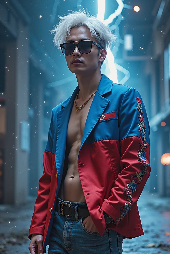 Rosto irritado, bravo, dominante, sobrancelha erguida, Serious, moderno, latex, usando roupa preta, vendado, black pants, usando venda preta nos olhos, camisa aberta, sensual, sedutor ((melhor qualidade, 8k, obra-prima: 1.3)), foco nítido: 1.2 、 (corte de camada, grande: 1.2), corpo perfeito, pale skinned, dedos perfeitos, homem bonito, magro, japanese, cabelo albino, sorriso, roqueiro, marked , gifted , Eye Mask, sorriso bobo. cabelos branco como a neve, cabelo sobre o rosto,  com figura perfeita: 1.4 、 Slender Abs: 1.2、gojo satoru, /jujutsu kaisen/ alto, jovial, homem de 20 anos,  : 1.5、Textura altamente detalhada do rosto e da pele, rosto maduro, com venda nos olhos, rosto quadrado, estiloso 、二重まぶた, medium hair covering the eyes, cabelo branco, franja sobre os olhos, franja sobre a face, albino. Fundo escuro, cyberpunk edgerunners, noite, night  sky, railing , construction, paisagem urbana destruida. cinematiclight.