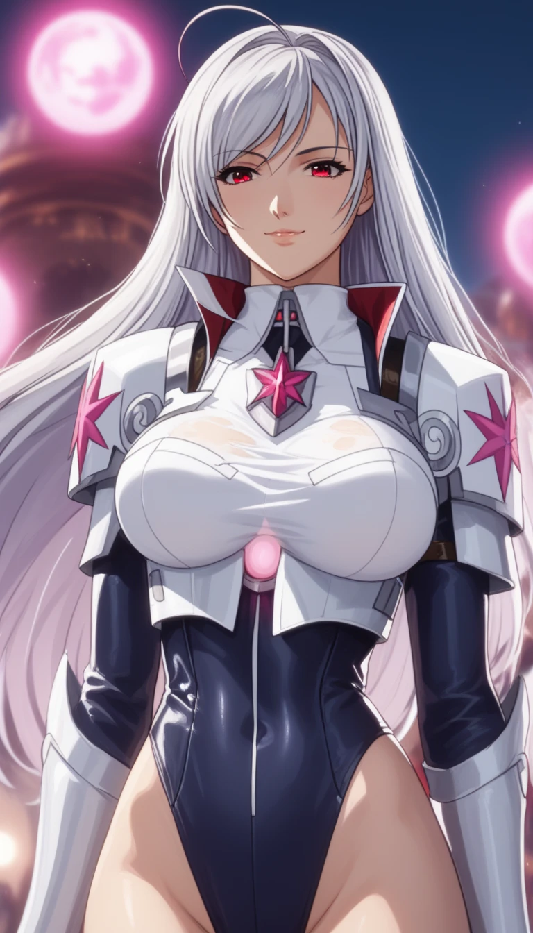 red eyes, (highest quality, masterpiece painting:1.3), immature woman, 16 years old, (half body shot), masterpiece, ultra high resolution, (Photoreal:1.0), ((light purple hair)),straight hair, beautiful shining hair, white and shining skin, ((Ultra realistic details)), octane rendering, highly detailed face, (big breasts:0.8), bare shoulder, light red pvc outfit, (light red pvc serafuku:1.3), (light red pvc pleated skirt), light red pvc elbow gloves, light red pvc thigh boots, (garter straps:1.2), Fabric Glows, open neckline, cleavage, perfect body, soft skin, silver earrings, (pure white background:1.4), sharp focus, intricate details, professional artwork, (bright colors:1.1), bright colors, diffused lighting, digital blending, ultra-definition body, ultra detail hair, super detailed face, that'It's trending on pixiv, top button open, Cute gaze, compensate, perfect lips, perfect compensate, Ultra-precision coating, (light_smile:0.8), (smugness:1.2),blush your nose,