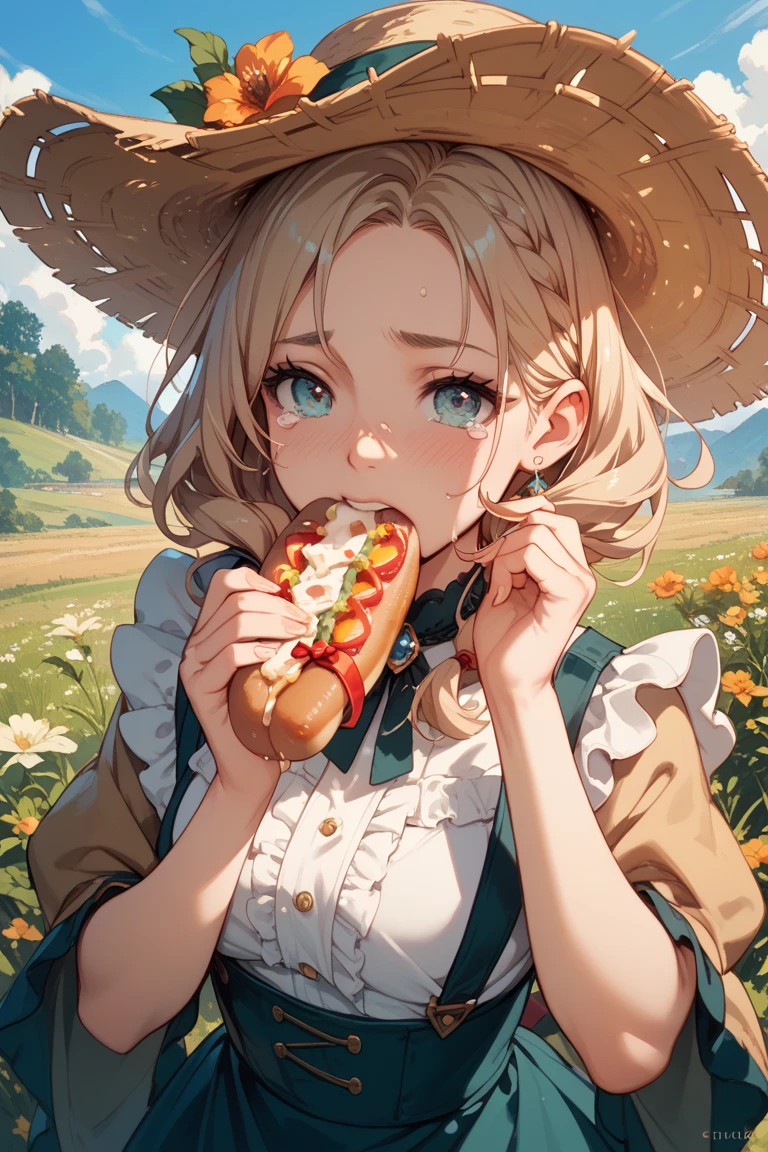 masterpiece, best quality, eatfresh, freshcock, fellatio, cum, saliva trail, mouth open, sandwich, sexual situations, phSaber, phAltoria,1girl, solo, hair down, long hair, alternate costume, puffy sleeves, blurry, frills, juliet sleeves, white shirt, fellatio,  Beautiful Art Style,  atmospheric, jungle, <lora:eatfresh2-35:1> , <lora:saber_v1:0.8>
