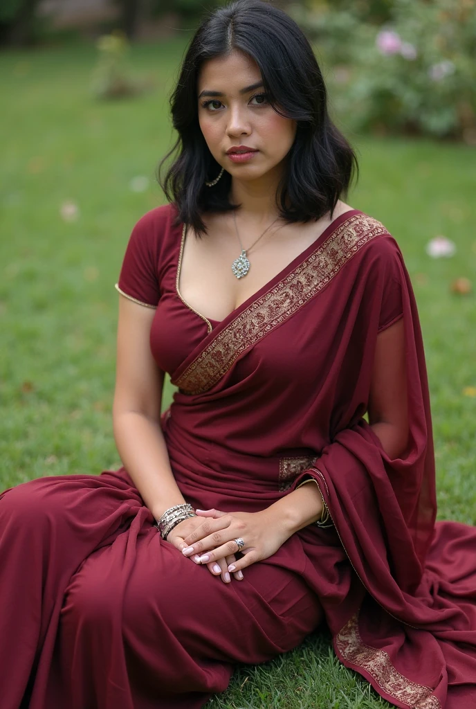 ((best quality, 8K, masterpiece :1.3)),(actual, lifelike:1.4), original photo, High resolution, Beautiful woman with perfect body :1.4, ((big breasts:1.5)),red saree，in the woods，Full body photography，Smile