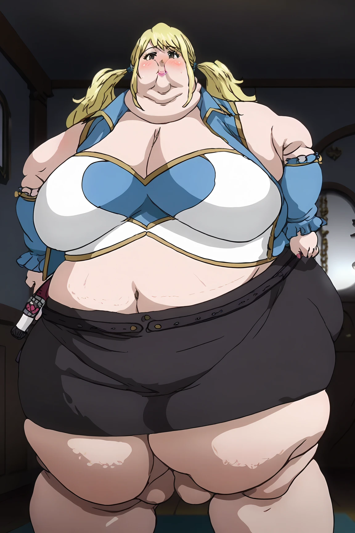 (masterpiece:1.2, best quality:1.2, beautiful, high quality, highres:1.1, aesthetic), detailed, extremely detailed, ambient soft lighting, 4K, perfect eyes, perfect face, perfect lighting, 1girl, solo, Tanya von Degurechaff, huge ass, huge breasts, huge thighs, narrow waist, wide hips, thick thighs, curvy, ponytail, naked, nude, naked apron, pussy, military hat, red pendant, evil smile