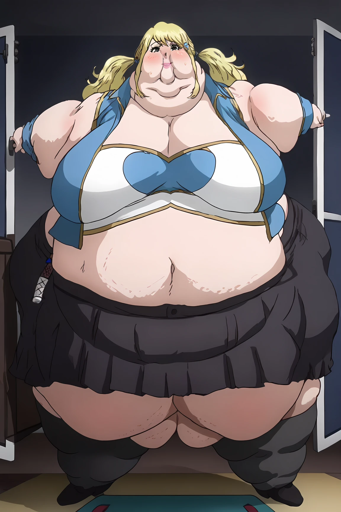 1girl, top-heavy figure, ((((incredibly big chest)))), ((((big tits)))), (((saggy chest))), pout, embarassed, shortstack, short woman, small height, mature, standing, full body, obese, fatty, out of shape, bbw, ssbbw, Hyasaka Ai, blonde hair, blue eyes, very long hair, pleated skirt, white shirt, blue skirt