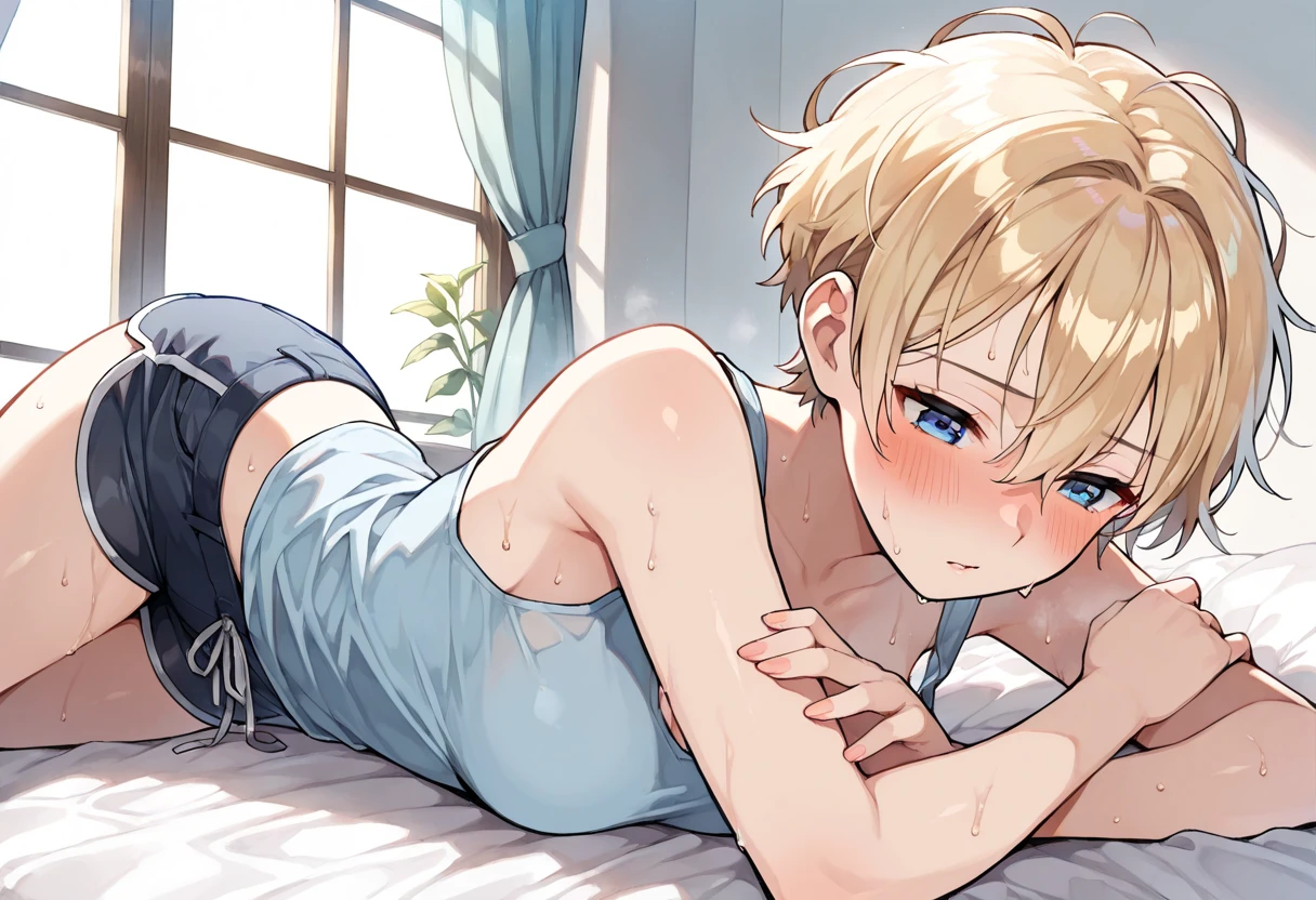 nsfw,(Cute man's daughter),blonde low twintails,Groin bulge,Embarrassed expression,Underwear is taken off