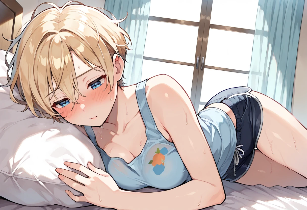 masterpiece, best quality, ultra detailed, ultra high resolution, very detailed face, solo, ((anime)), ((from top angle, directly front shot)), 20 years old girl, (((sports bra, pantie))), ((golden short hair)), (((medium breast))), (six pack abs:1.2), (((put hands around the navel))), ((little smile)), (((lying on the bed))), indoor