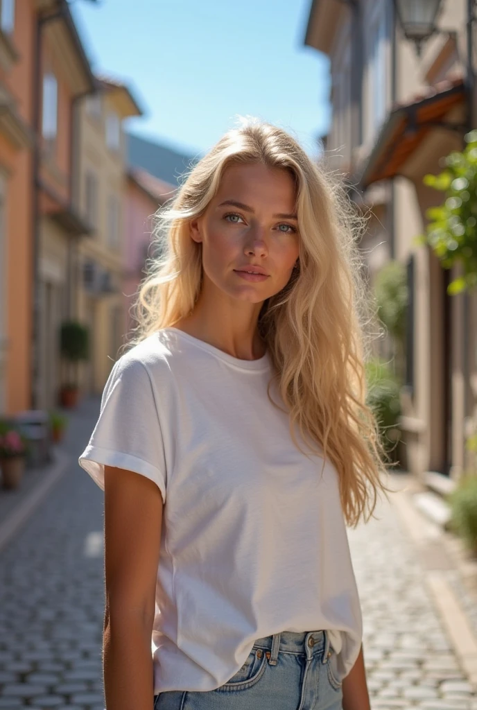 A perfect French blonde, Jeune femme, in Paris, corps parfait, Stunning beauty, realistic image, ultra-realistic, casual clothing, Victoria&#39;s Secret model, seins de taille moyenne, and sitting in a great French restaurant 