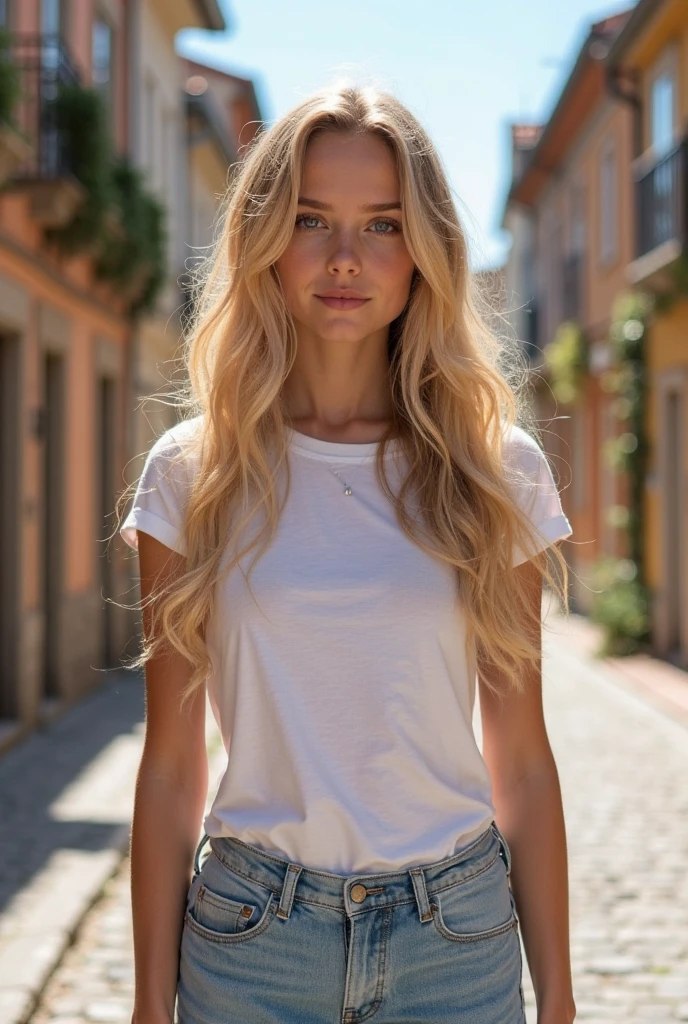 (photorealism: 1.2), beautiful 22 year old woman with long curly blonde hair, she must have her hair tied up, she must have light blue eyes, she must be in a skirt, she must have a t-shirt, she must wear white shoes, she must be in a mall