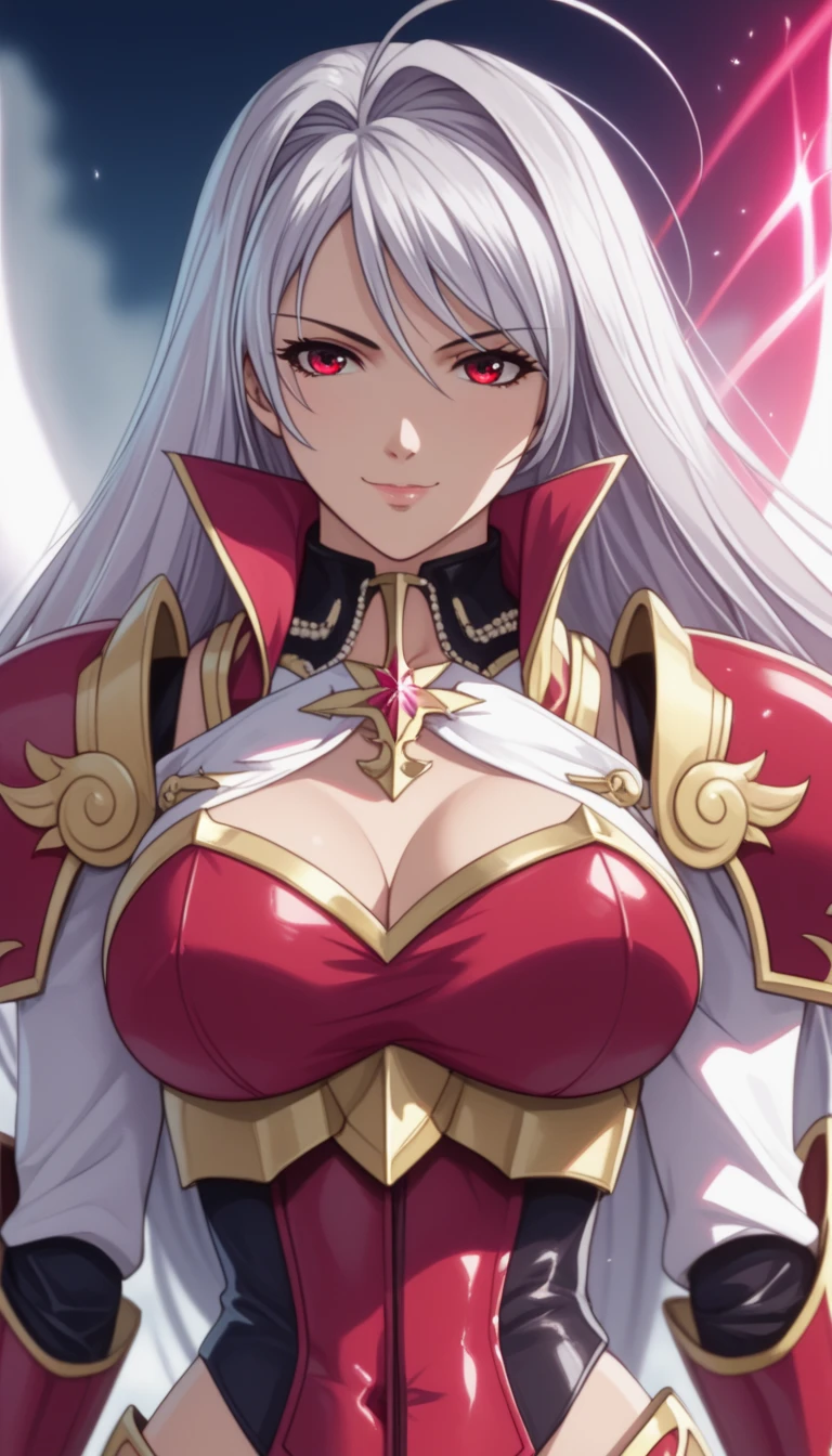 Lian, long white hair, hair stick, bangs, blue eyes, solo, smiling, standing, upper body, hips, bare shoulders,purple thighhighs, red dress, gold jewelry,armor,gloves,circlet, cleavage, red and gold royal castle, gigantic breasts, (best quality, masterpiece, beautiful and aesthetic:1.2, highest detailed face, perfect face,) eyes, perfect face,expressive eyes,
looking at viewer, in the center of the image,(Upper_body),(Focus on her face),
official art,extremely detailed CG unity 8k wallpaper, perfect lighting,Colorful, Bright_Front_face_Lighting,shiny skin,
(masterpiece:1.0),(best_quality:1.0), ultra high res,4K,ultra-detailed