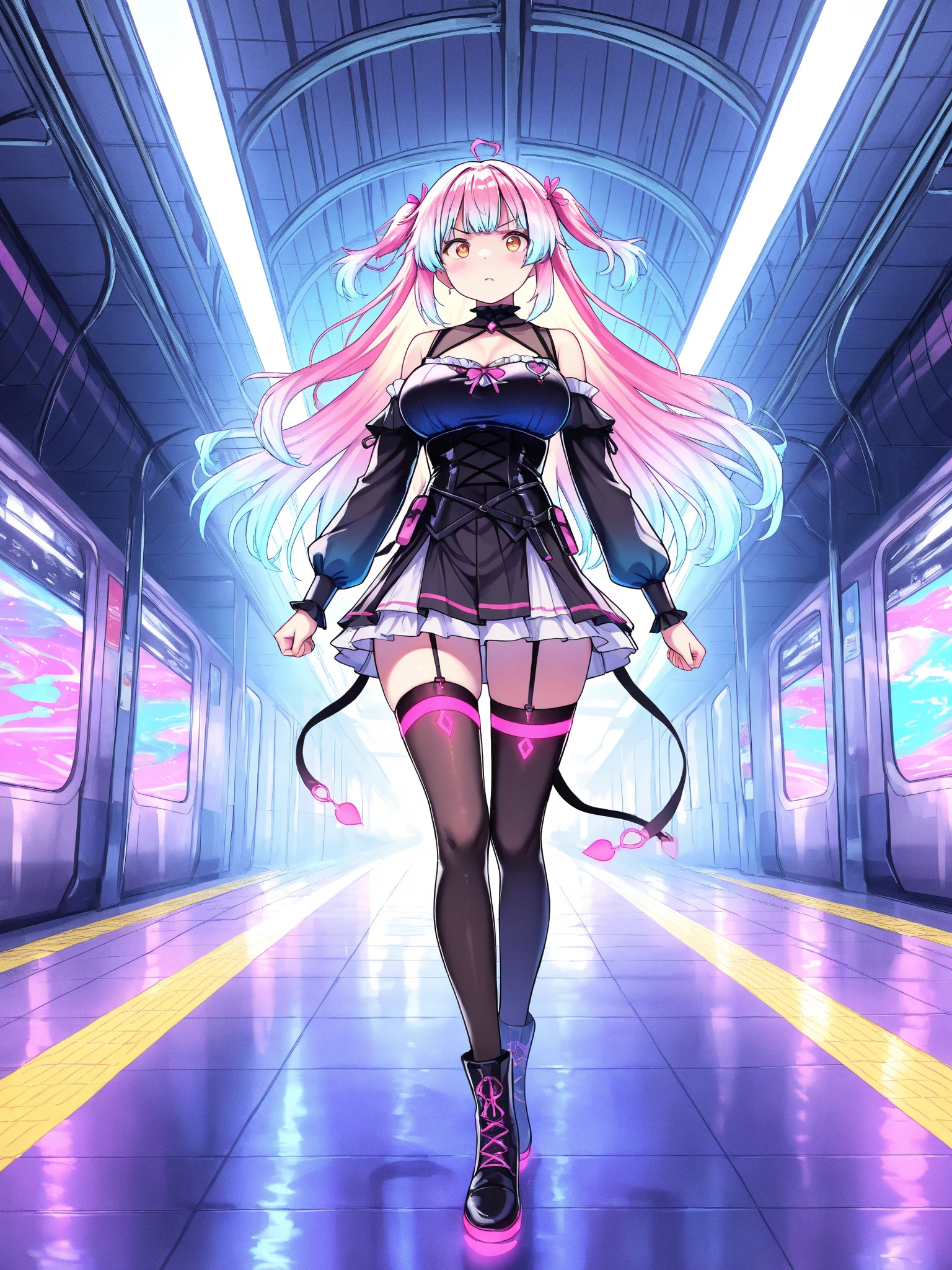 Full body like，Anime girl with pink hair and futuristic costume in the city, Hyper-realistic cyberpunk style, cyberpunk anime girl, Digital cyberpunk anime art, dreamy cyberpunk girl, Anime style. 8K, female cyberpunk anime girl, digitl cyberpunk - anime art, portrait anime space cadet girl, the cyberpunk girl portrait, beautiful cyberpunk girl face, anime styled 3d, photorealistic anime girl rendering，(RAW photo:1.2)，camel-toe，Hollow-out on，sweat leggs，White liquid， Smooth pink skin, shiny metallic glossy skin, Shiny, 　spread their legs　M-shaped legs,angry look,sullenness,Irritated，white liquid all over body，Full body like