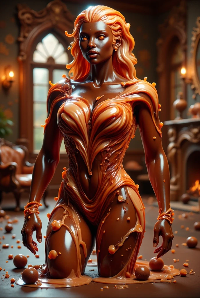 a hot black skinned woman with horse ears long curly hair copper red color and amber eyes wearing a sexy red dress seeing her reflection in the mirror in a realistic humanoid dark room. (de corpo inteiro)