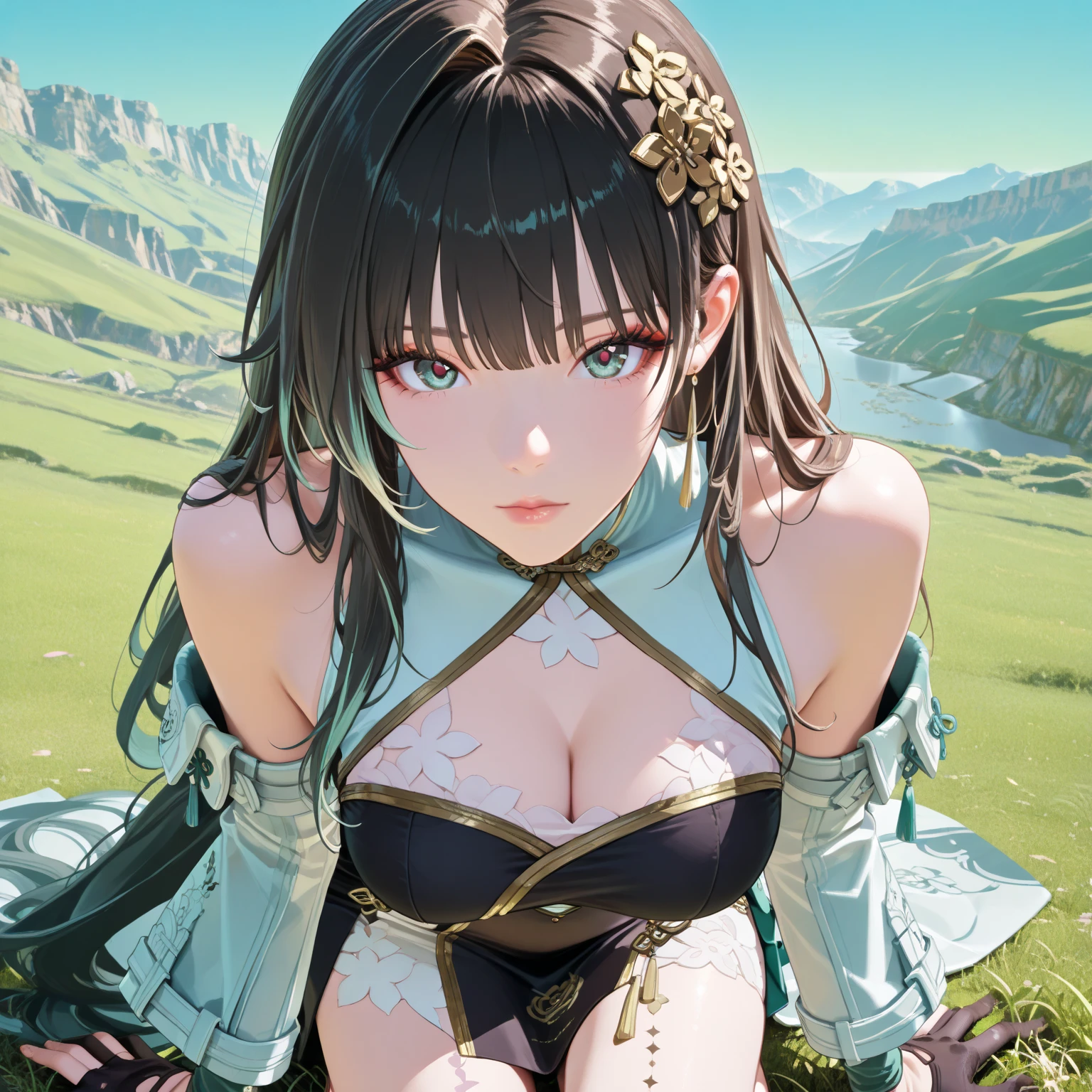 masterpiece, best quality, <lora:yotohime-nvwls-v1-000009:0.9> yoto hime, hat, japanese armor, japanese clothes, cleavage, sash, pleated skirt, black elbow gloves, large breasts, mountain, sky, garden, looking at viewer, upper body, smile