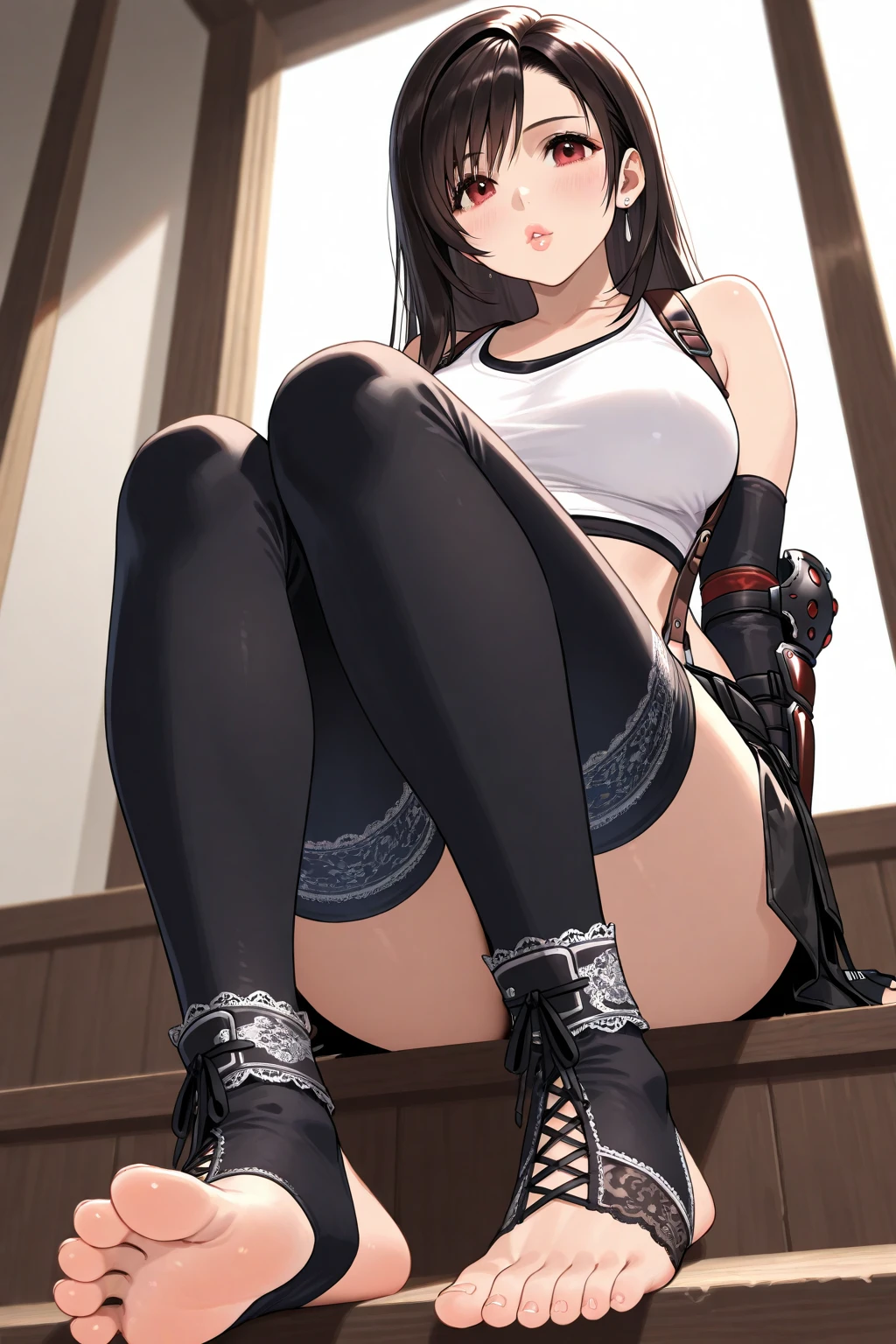 masterpiece, best quality, perfect anatomy, 4k resolution, Tifa Lockhart, large breasts, thick thighs, spreading legs tied up and suspended, embarrassed , sheer see-through panties