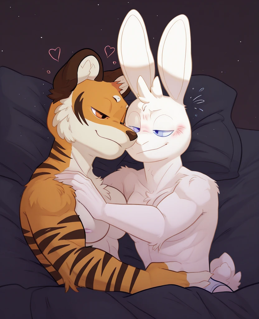 Duo, Female and Male, (Anthro deer, Short Brown hair, Brown fur with white spots, Green eyes, Small breasts, White button up shirt, Blue skirt, Blue tie, White tights, Black collar chocker), Detailed background, Dark hotel bedroom, Lights tuned off, Tape mouth gag, Hands tied with tape, Legs tied with tape, Laying down on bed, Eyes closed, Night, Very dark room, Breasts exposed, Nipples, Male grabbing breasts on Female