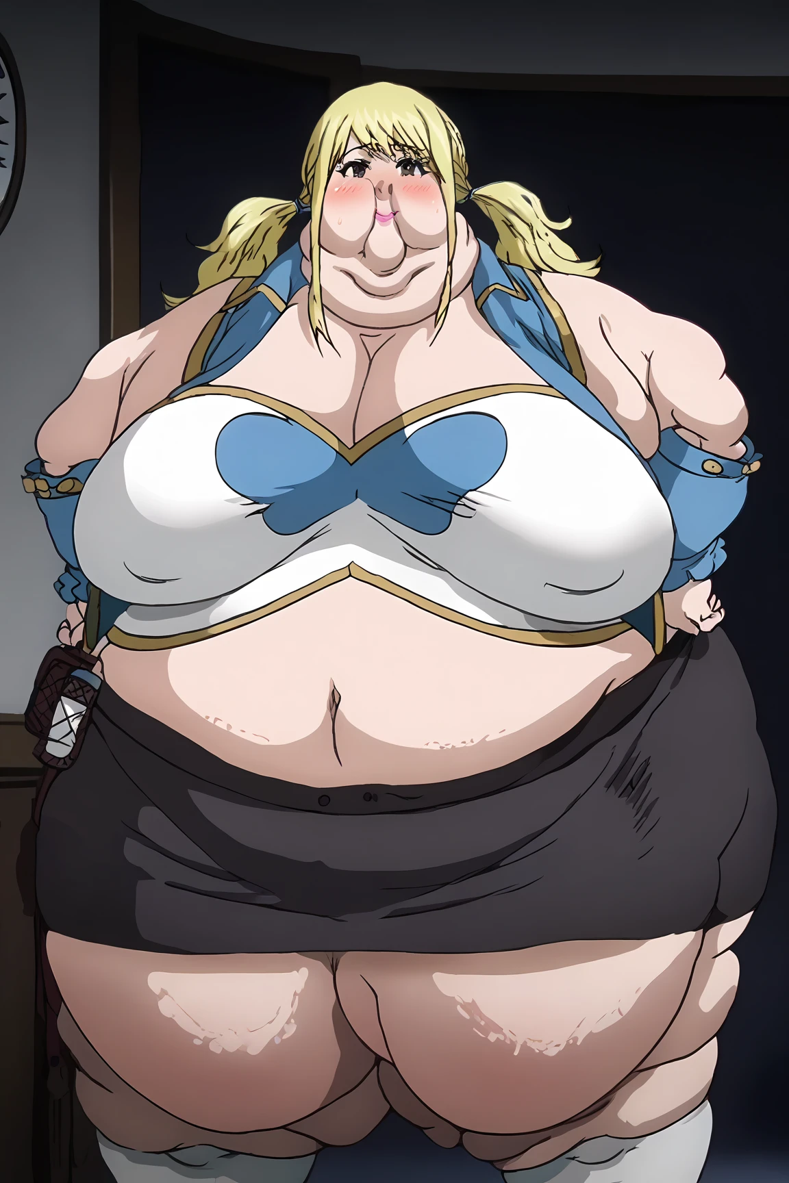 1girl, solo, jolyne, green eyes, lips, closed mouth, looking at viewer, halterneck, pants, simple background, cowboy shot, (contrapposto), short hair, thick thighs, bare arms, sleeveless, bloated, overfed, chubby belly, massive belly, bbw, fat, obese, blushing, sweaty, ssbbw massive belly,