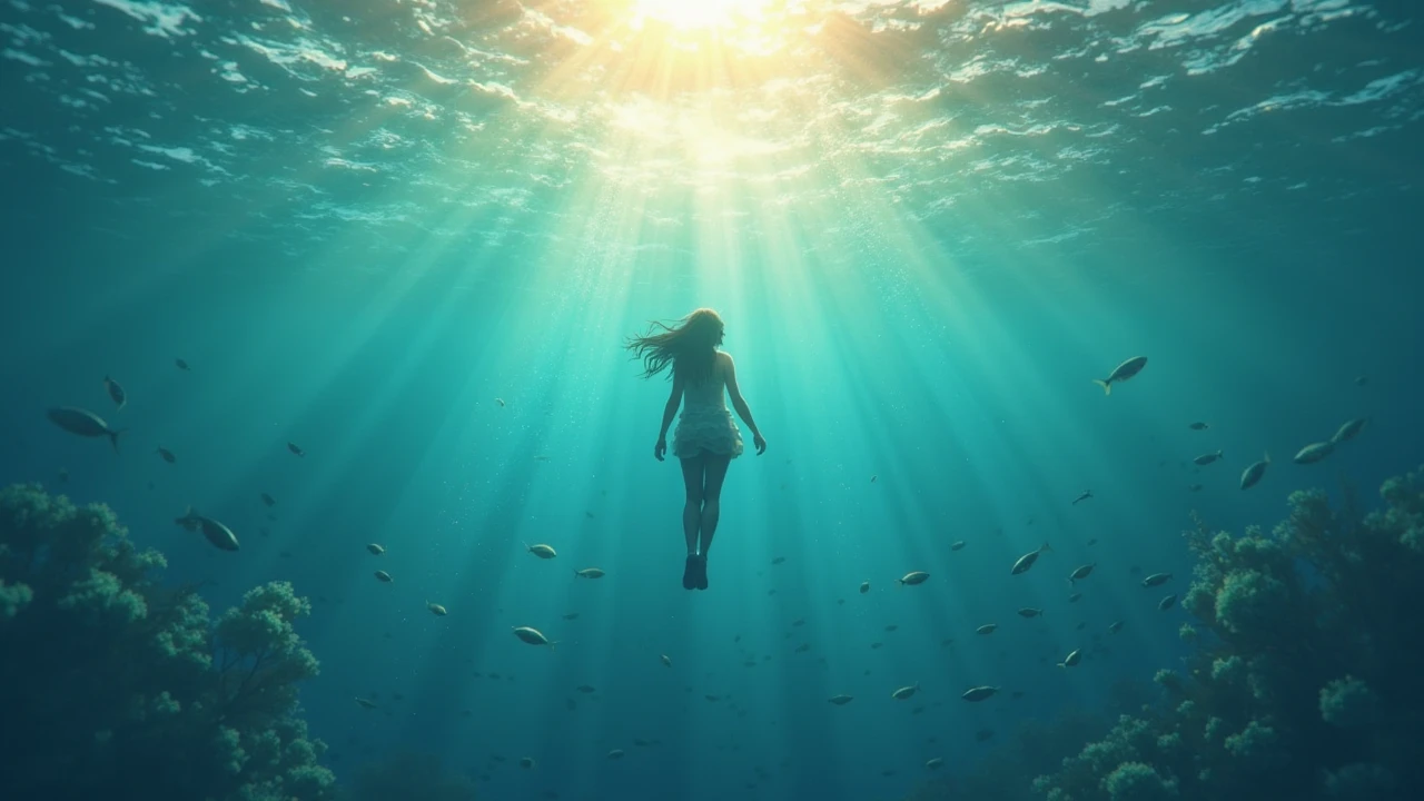 A person diving into an ocean of ideas, with different currents representing schools of thought