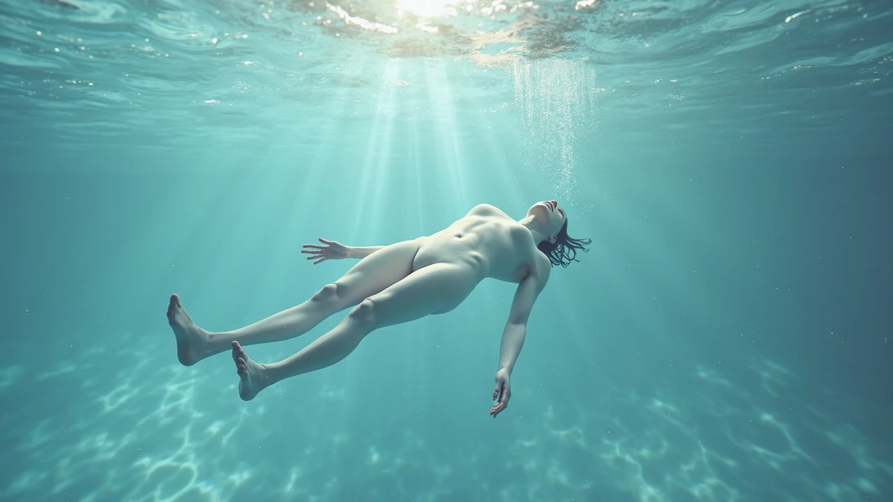 A girl under swimming pool without any dress 
