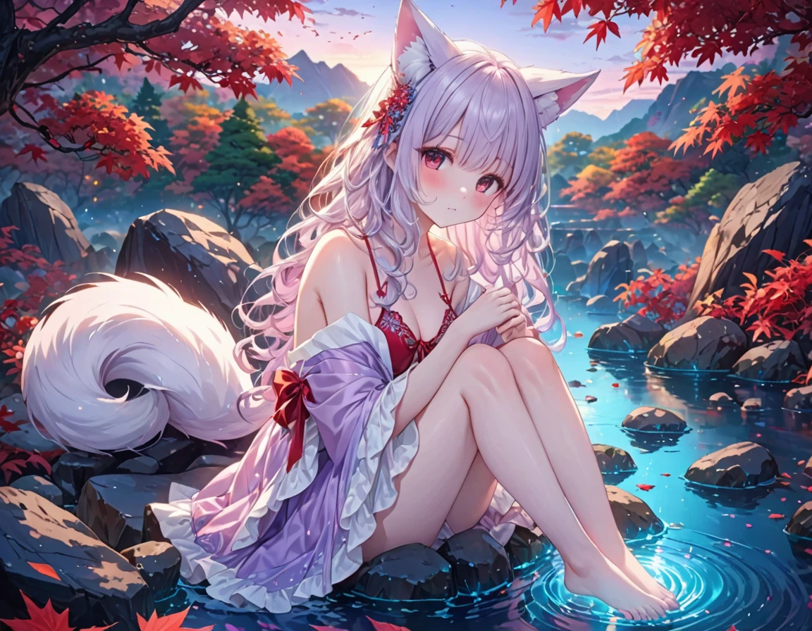 a beautiful furry nine-tailed fox with a slender body, bathing in a moonlit lake, with peach blossoms falling into the water,