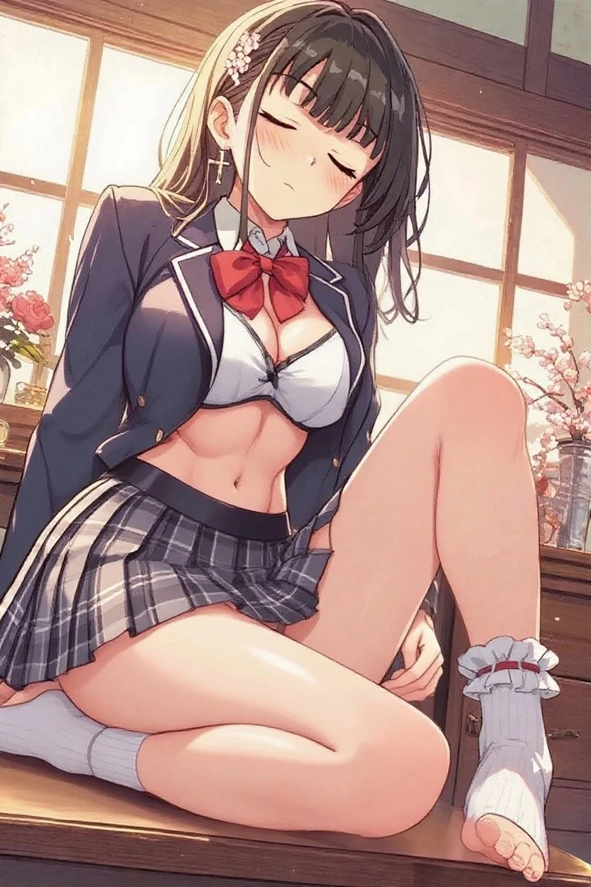 (adult woman:1.3)、exact number of fingers、Exact number of legs、Exact number of arms、bangs, ponytail, brown hair, (blush:1), (woman puts her right hand in her panties:1.7), fingering, (pussy juice:1.2), (Selfie with smartphone:1.5), ((red bow tie, black jacket, open jacket, white shirt, black plaid skirt)), (Stylish pink satin panties:1.4), (Stylish pink lace bra), Thighhighs, (flip the skirt yourself:1.4), (shirt lift:1), (show off bra:1), (show off panties:1.2), realistic、 beautiful big breasts, slender body, open shirt, highest quality, High resolution, highly detailed face, perfect lighting, Very detailed CG, (perfect hands, perfect anatomy), embarrassed expression, (classroom, lots of students:1.3), whole body
