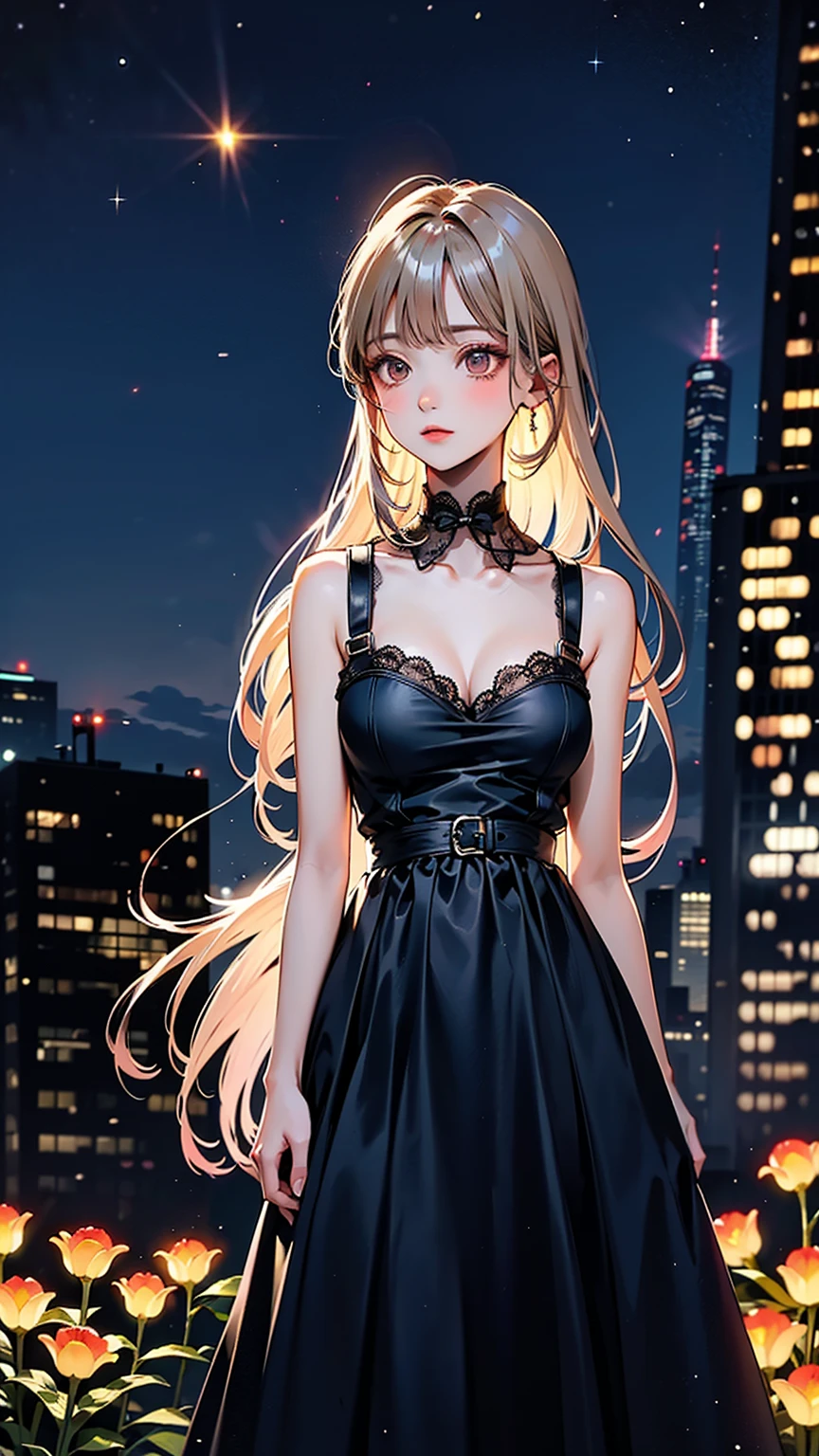 highest quality、High resolution、Detailed Background、(Beautiful face in every detail:1.4)、Anatomically correct、(Draw the usual number of fingers:1.2)、(Detailed facial expressions)、(Detailed eyes:1.2)、(Detailed eyes:1.2)、Beautiful, smooth skin、Beautiful women in their 20s、(Highly detailed face:1.4)、cute hair color、Bobcut、Braided long hair、Wavy Hairstyle、well-groomed eyebrows、cute eye makeup、Cute Lip Makeup、Perfect body line、(Minimally revealing clothing:1.2)、Night view spot、Cowboy Shot、
(Beautiful woman having fun on a night view date:1.5)、
New York's Empire State Building becomes a colorful illuminated skyline at night、
The view from the observation deck is particularly spectacular and it is a popular spot for enjoying the New York night view.、
Choose a dress with floral or lace designs、It is a good idea to choose a dress in pastel or soft colors.、Wear heeled sandals or pumps to add a feminine touch.、
For an elegant look, we recommend pairing a silk or satin top with a flared or tight skirt.、
For tops, choose ones with open shoulders and backs or lace details to give an elegant impression.、Pair it with heeled pumps or strappy sandals for a more glamorous look.、
We also recommend choosing an all-black monotone outfit to create a chic and sophisticated look.、Pair a black top or dress with black skinny pants or a skirt、Using gold or silver accessories and bags will give you a more luxurious look.、cute