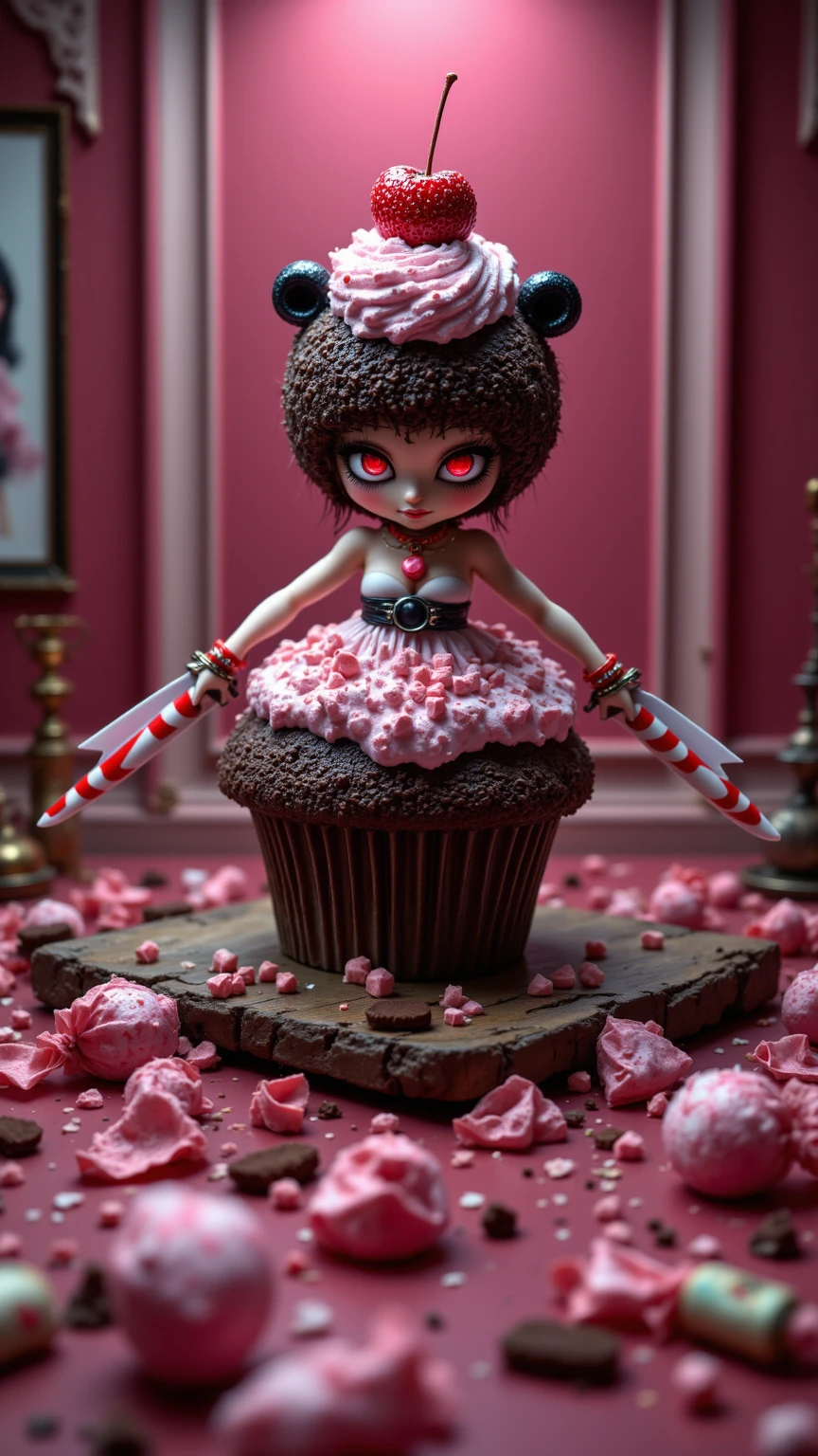 (knitted toy voodoo doll:1.8), (Voodoo Doll Chocolatier:1.3), (Clothing: elegant apron with cocoa bean patterns:1.0), (Accessories: enchanted chocolate mold emitting sweet light, levitating truffles:1.1), (background: luxurious chocolate shop with floating confections, glowing chocolate fountain, and spectral customers:1.2), best quality, masterpiece, detailed soft oil painting, detailed background, dramatic cinematic lighting, soft edge lighting, professional, dramatic lighting, hard edge lighting, ultra quality, 4k,masterpiece, best quality, 8k, ultra highres, highres, extremely detailed
