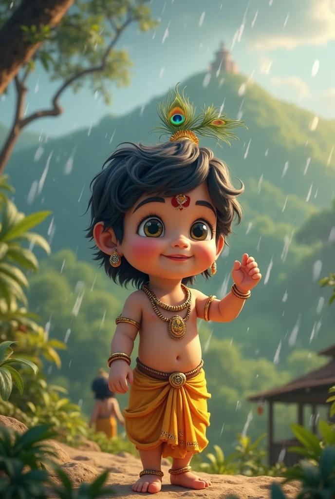 (photorealism:1.2), A 3D render of a medium shot of a cute baby Krishna with a peacock feather in his hair. He is wearing a yellow dhoti and a flower garland.
He his holding a big green mountain in one little finger.......the background is dark and rainy .......The lighting is dramatic, with a bright spotlight on Krishna and a dark background.
