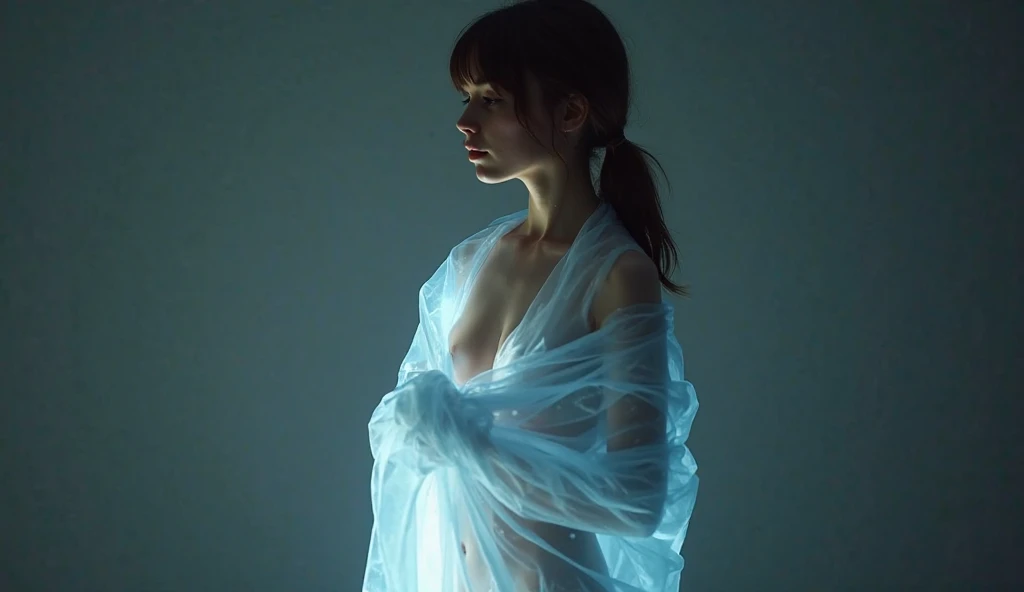 one girl tied up by another one with rope,(bright lighting,romantic setting),dreamy background,bondage,dark hair, mesmerizing gaze, , soft skin, alluring beauty, artistic portrait, high-quality image, vibrant colors, long silk gown, dressing room, (cocoon:1.2)