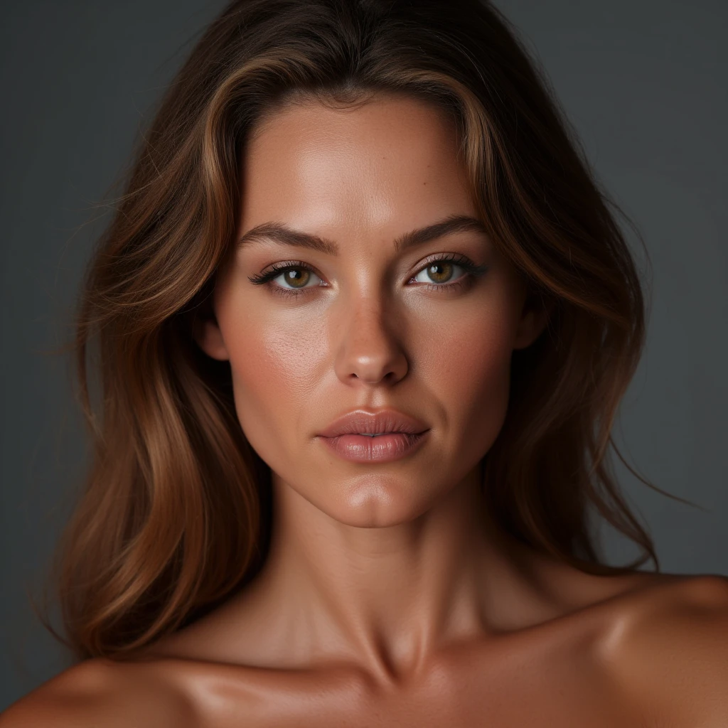 A delicate, 3D realistic camera picture portrays a nude beautiful woman, Agelina Jolie look, medium firm breasts, standing bare feet without background, her features rendered in subtle shading and precise lines. The framing is tight, focusing attention on the subject's serene face. Soft, feathery strokes convey the gentle texture of her hair,