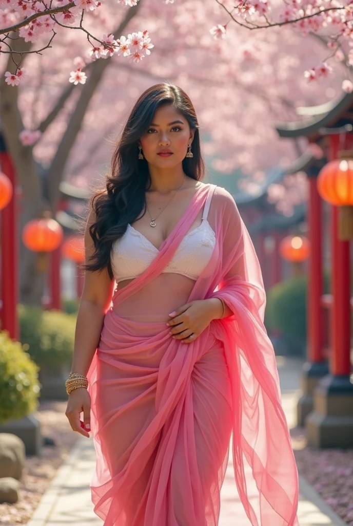 Beautiful indian woman posing, straight photoshoot pose, full body portrait, moonlit night, night time, winter, walking on forest path, detailed face, cute, big eyes, iconic, photorealistic, mountain temple, detailed background, big breasts, sexy thin saree, long wavy hair, cleavage, symmetric face, masterpiece, 8k, ultra realistic