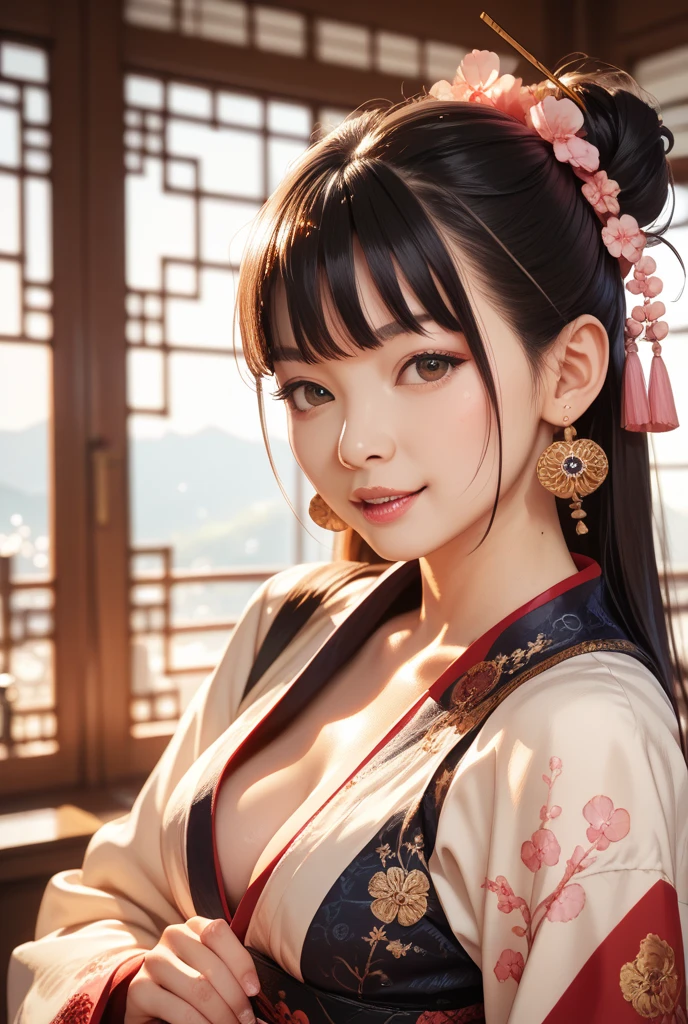 (see-through silhouette),depth of field,bokeh,Beautiful face,hair ornament, solo,looking at viewer,smile,closed mouth,lipschina dress,dress,hair ornament, necklace, jewelry, long hair, earrings, chinese clothes,architecture,east asian architecture,building,outdoors,rooftop,city,cityscape